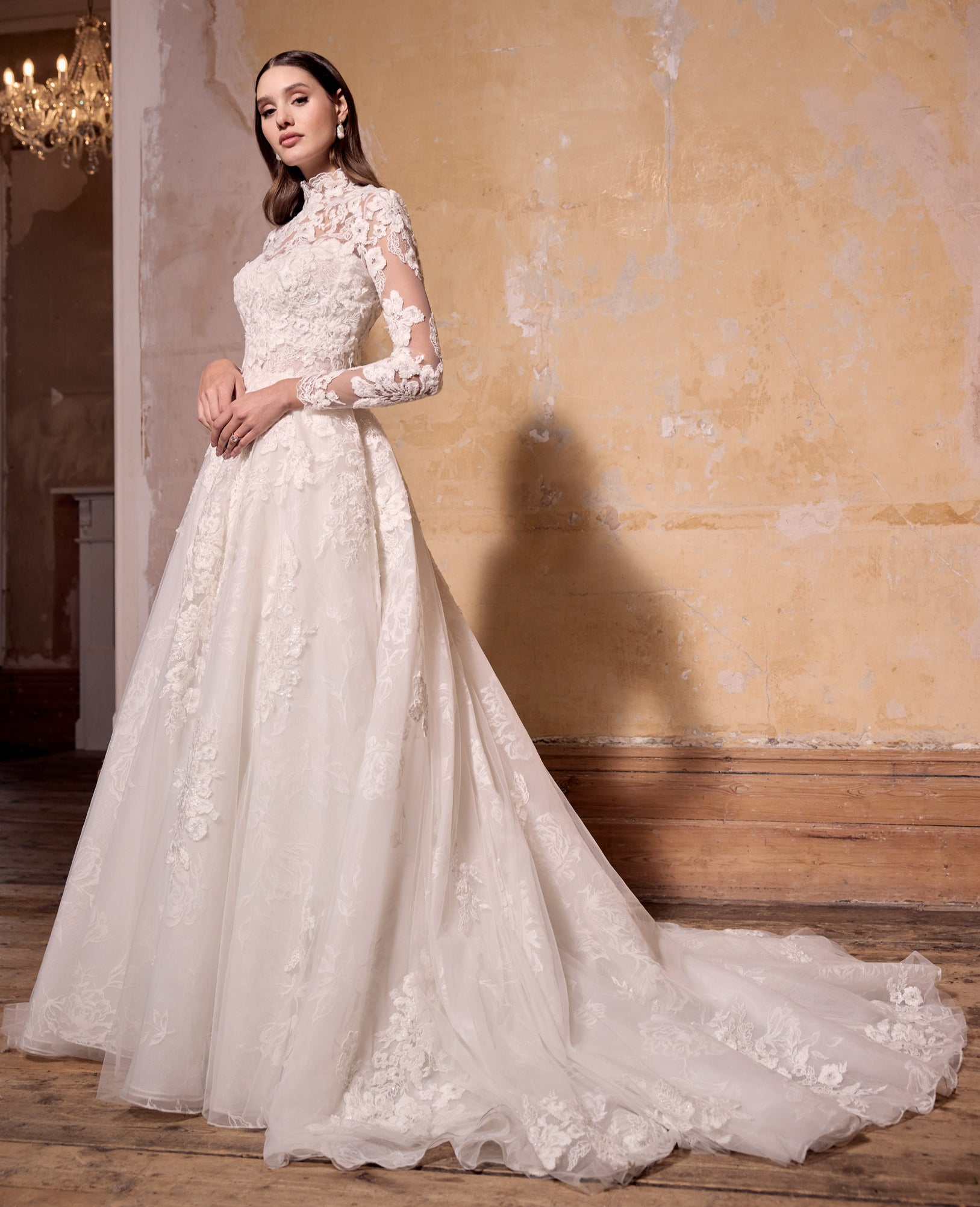 lace applique A-line rose print organza dress with corset and matching high neck long sleeve lace jacket topper