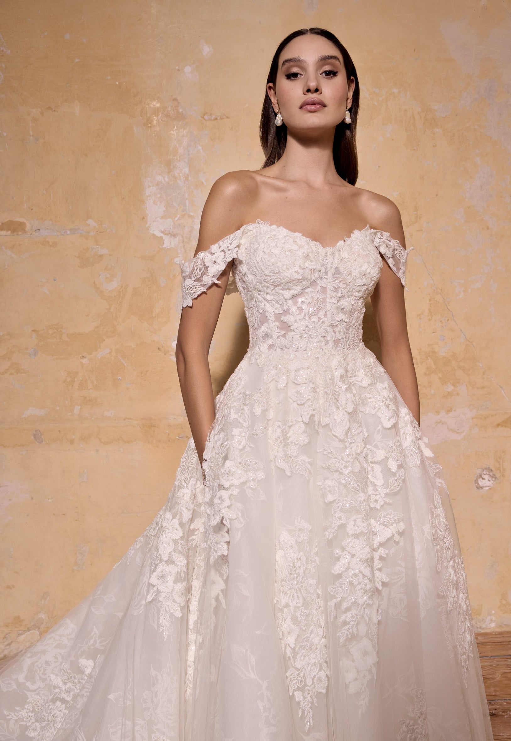 lace applique A-line rose print organza dress with corset and draped straps