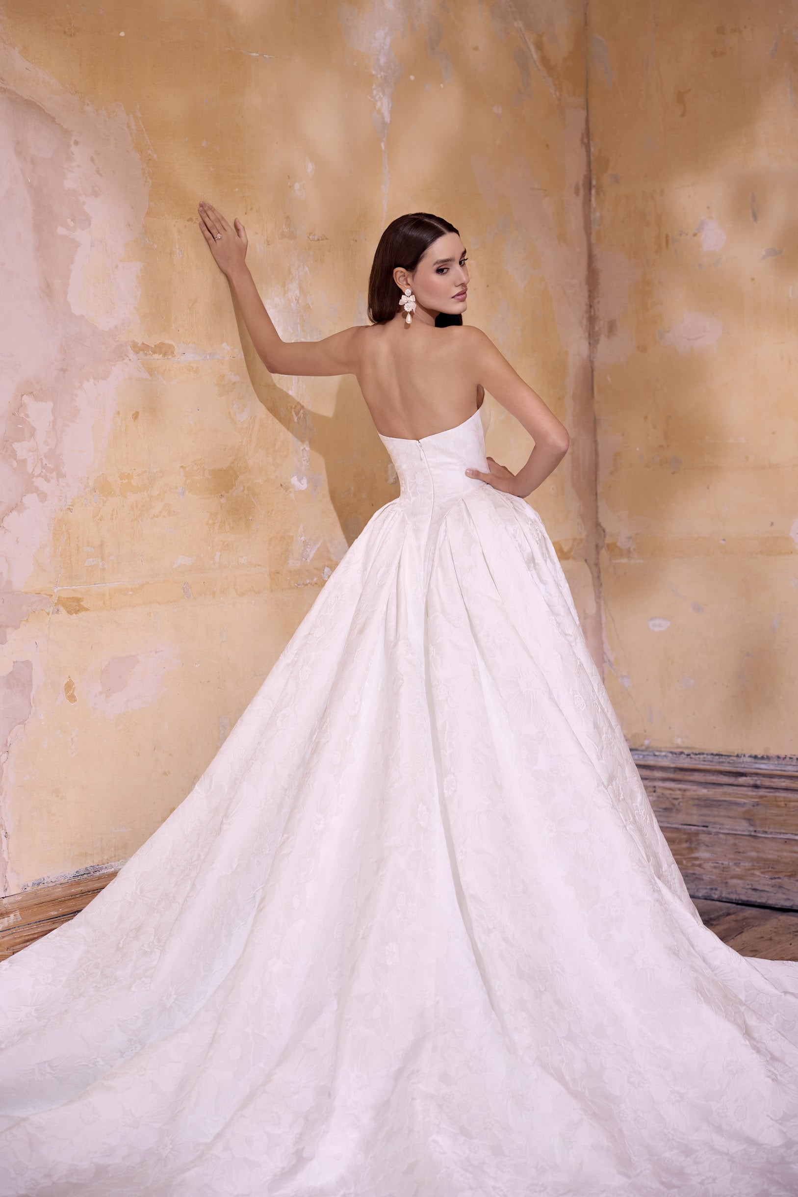 strapless scoop neckline embossed jacquard ballgown silhouette with dramatic train