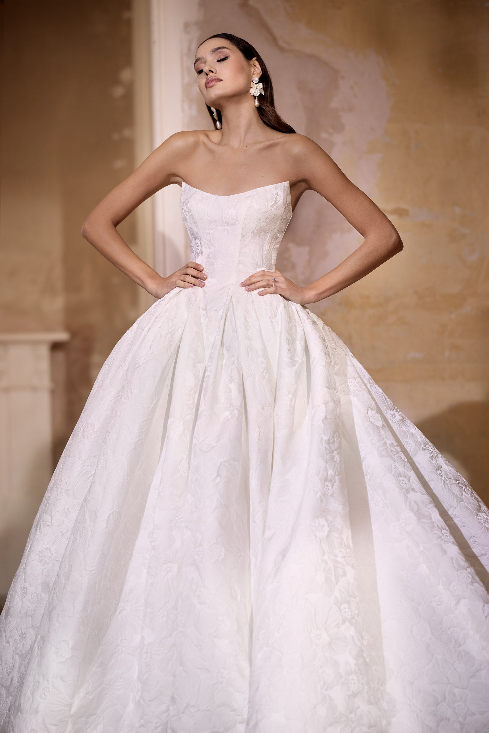 strapless scoop neckline embossed jacquard ballgown silhouette with dramatic train