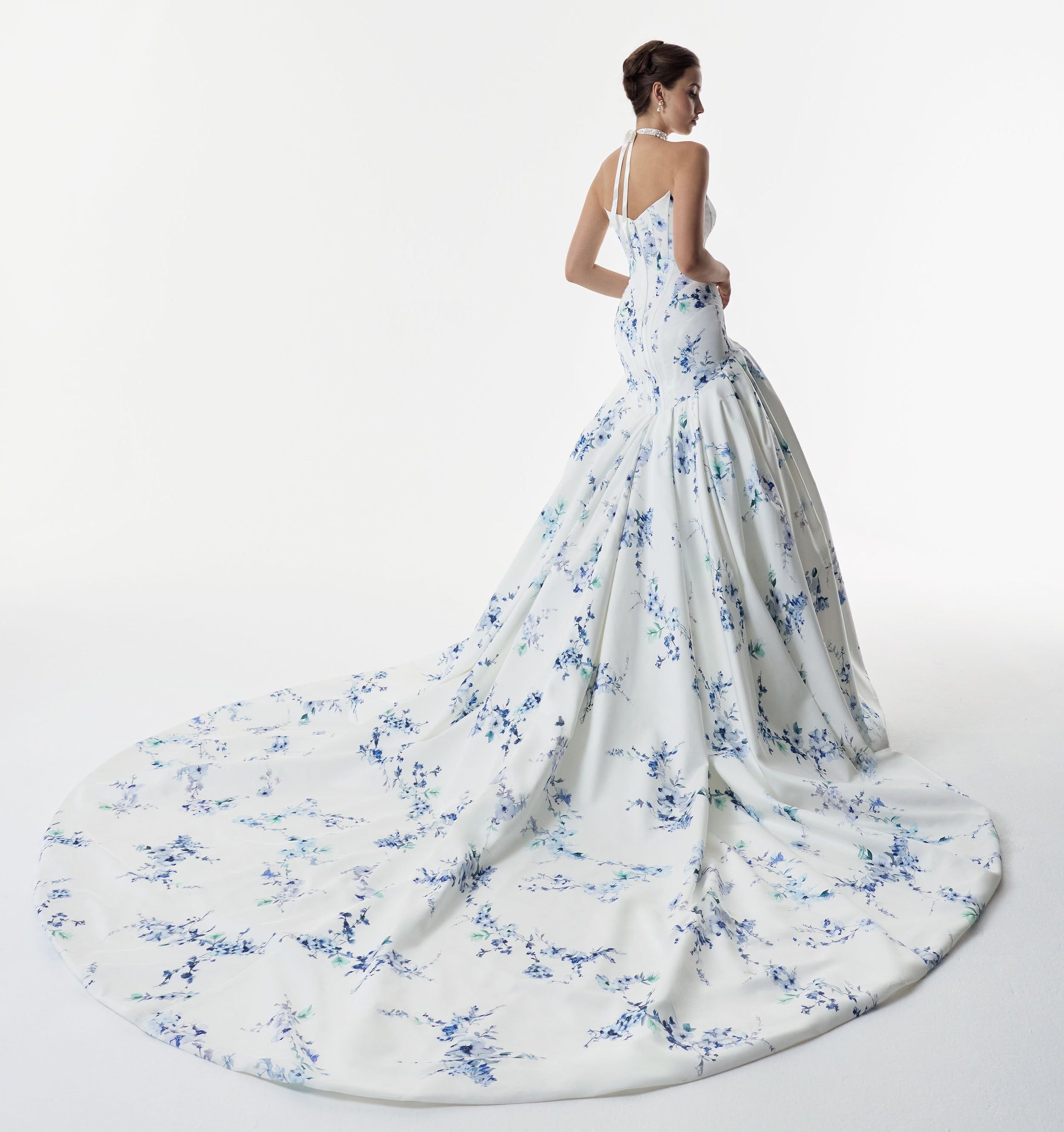 strapless cat eye corset dropped waist ball gown dress in blue topaz floral print
