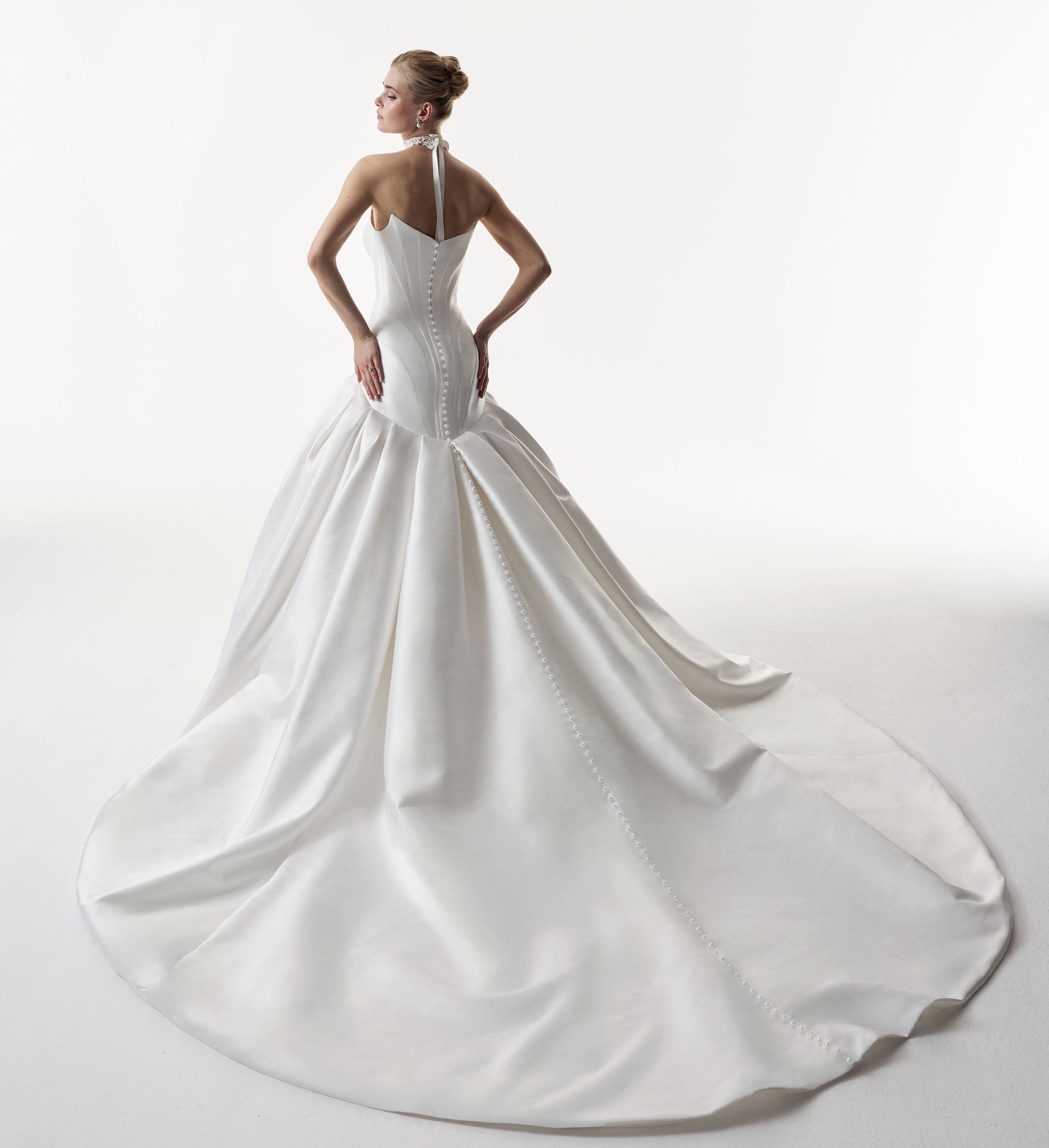 strapless cat eye corset dropped waist ball gown dress with pearl buttons