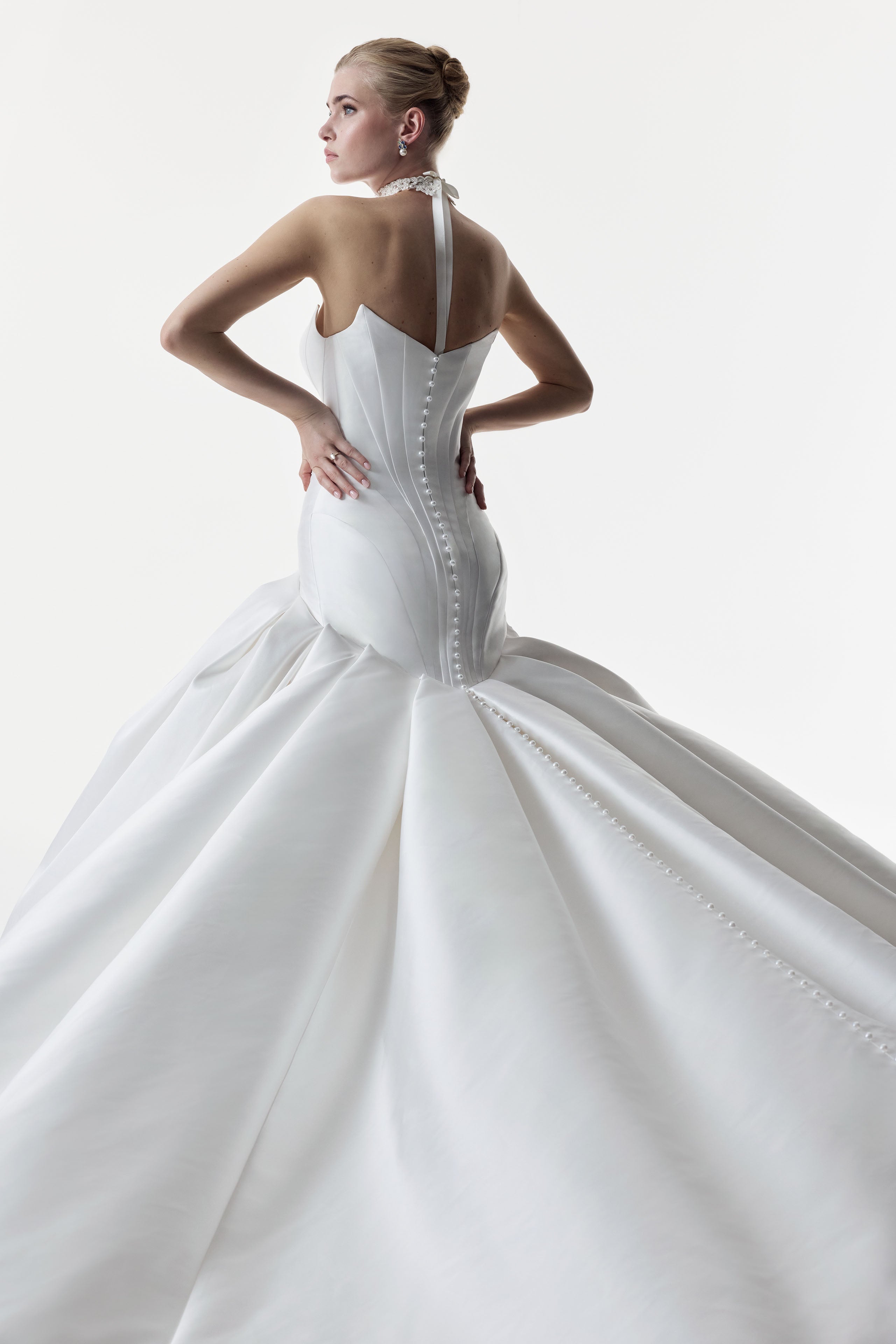 strapless cat eye corset dropped waist ball gown dress with choker and pearl buttons