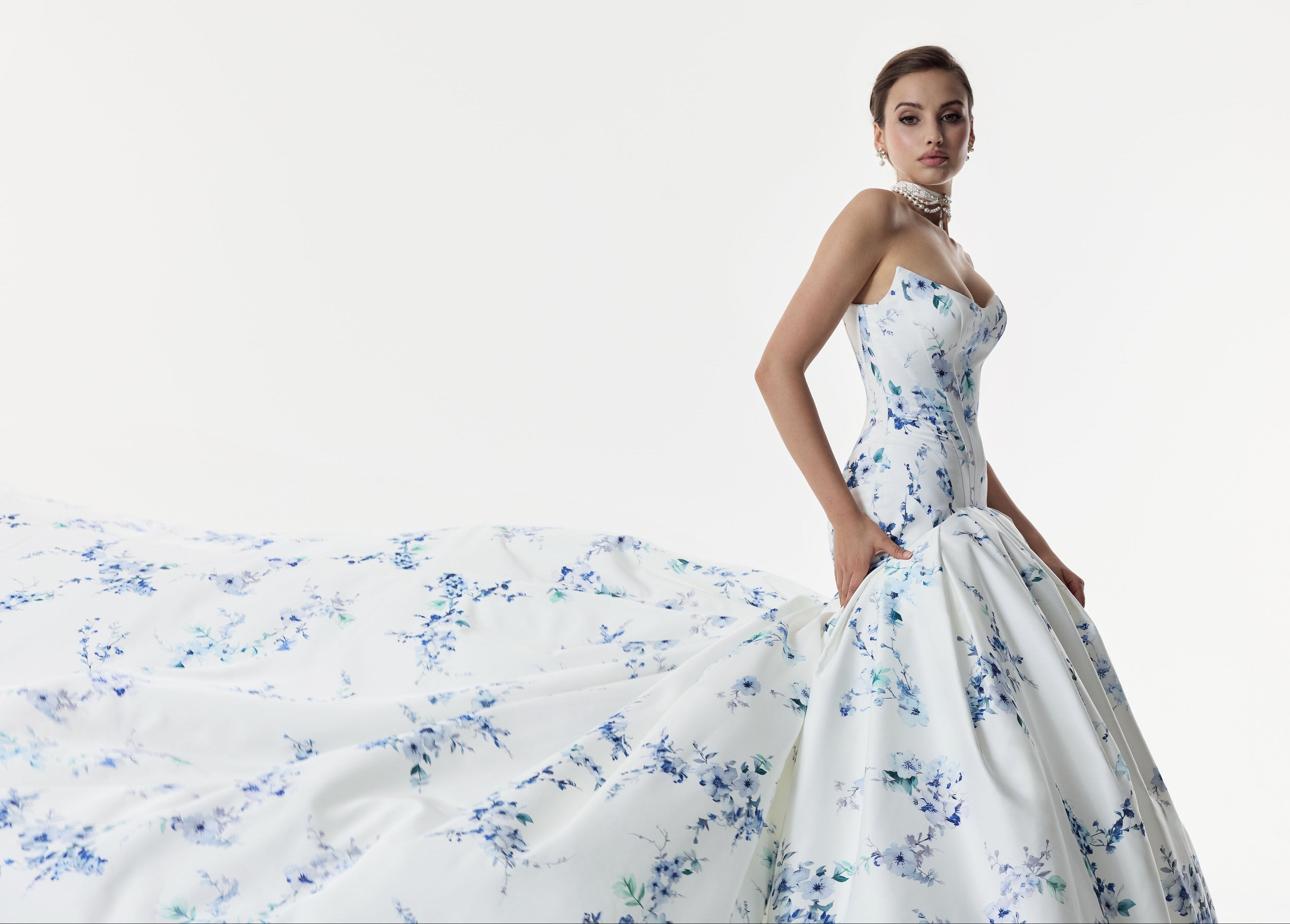 strapless cat eye corset dropped waist ball gown dress in blue topaz floral print with choker