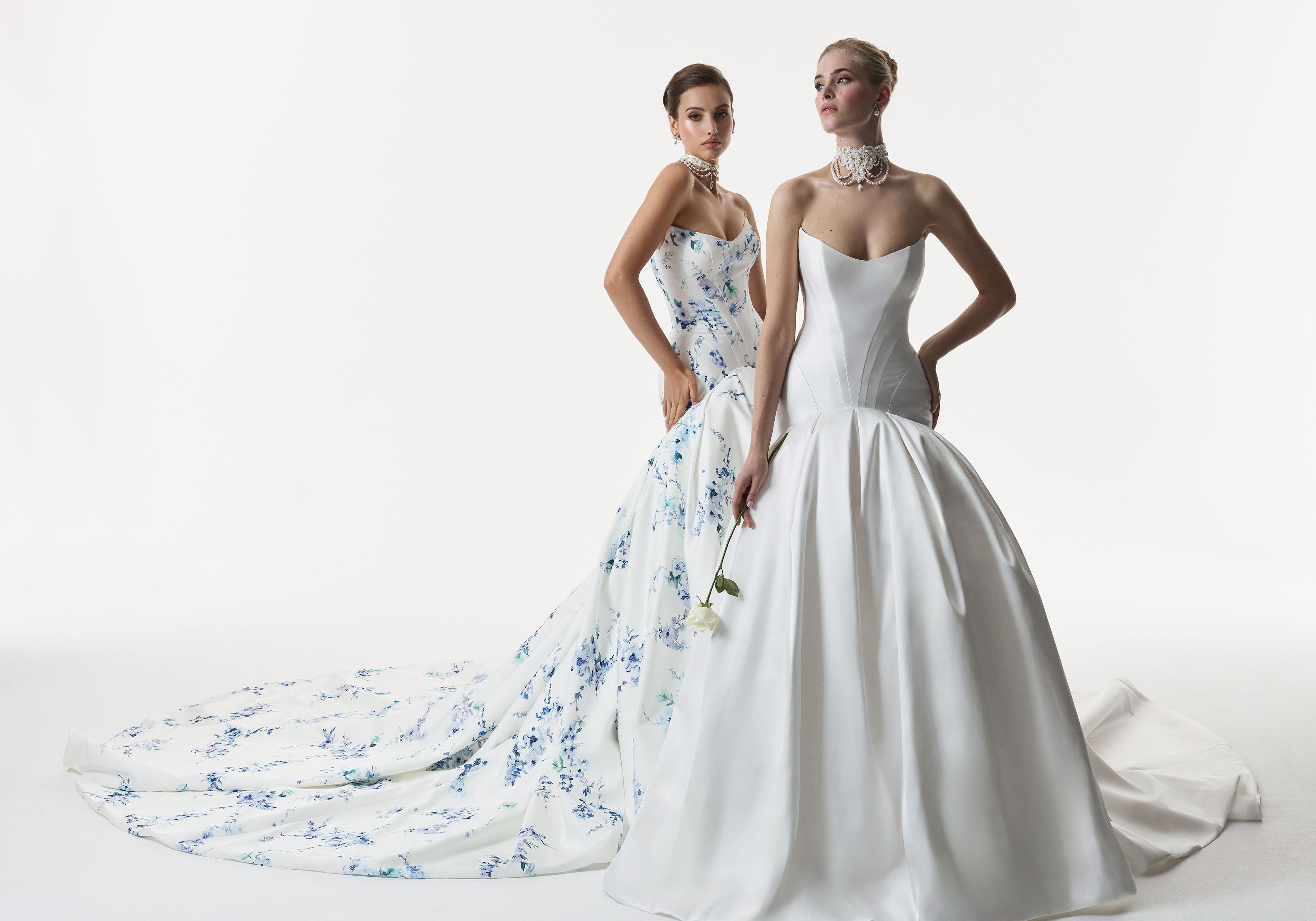 strapless cat eye corset dropped waist ball gown dress in blue topaz floral print with choker