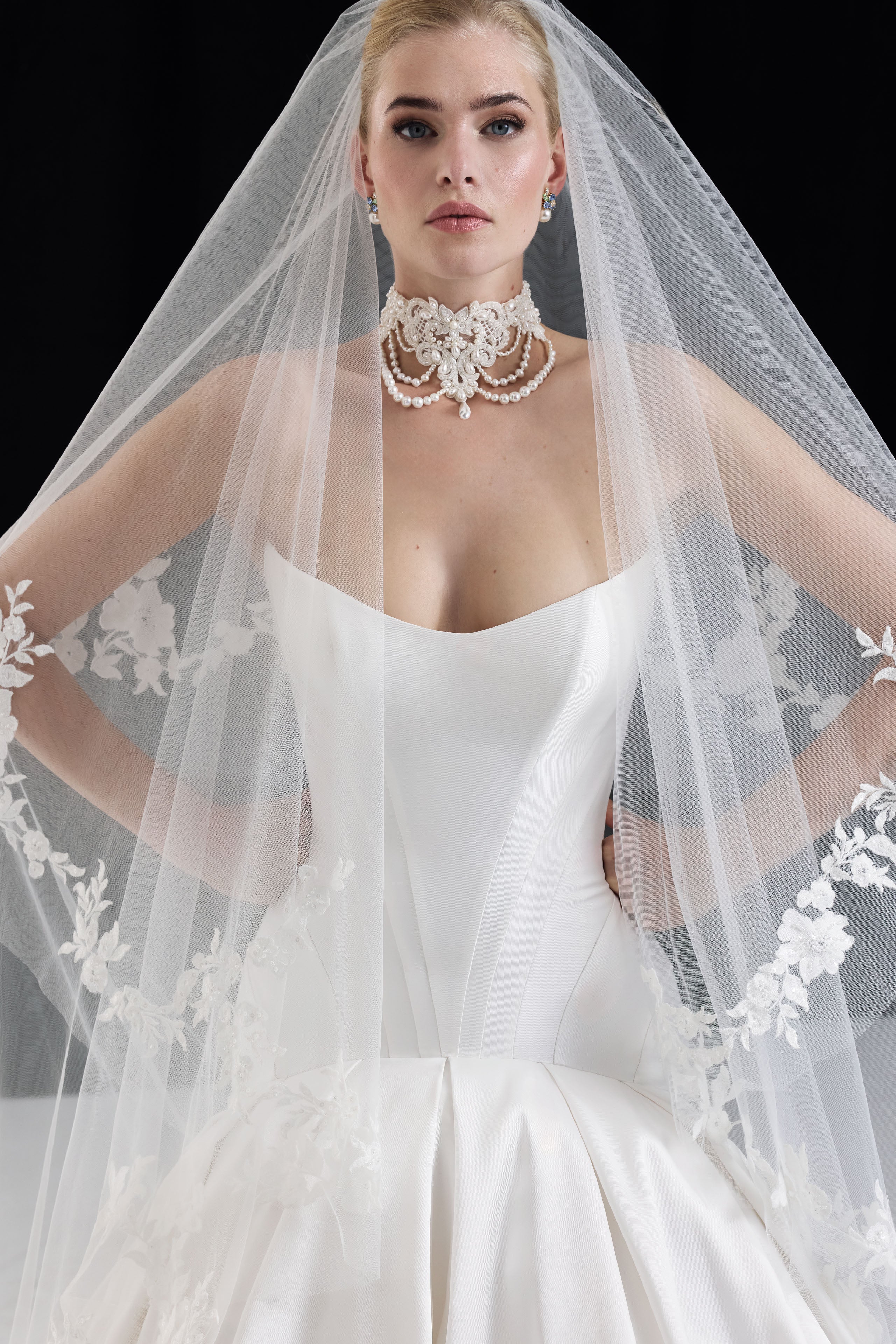strapless cat eye corset dropped waist ball gown dress with choker and floral lace wedding veil