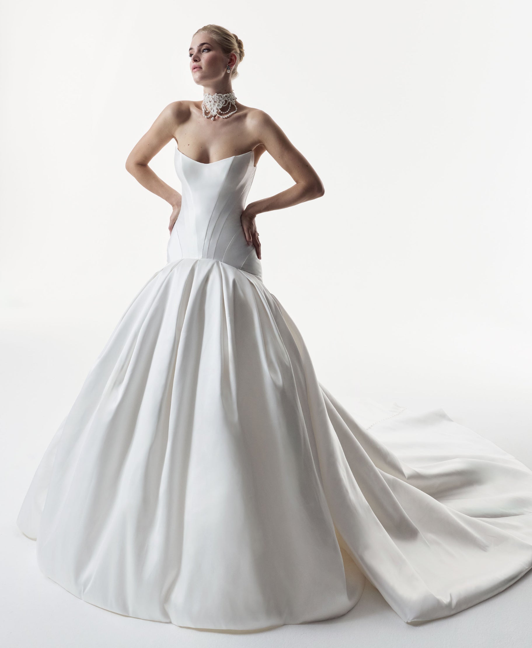 strapless cat eye corset dropped waist ball gown dress