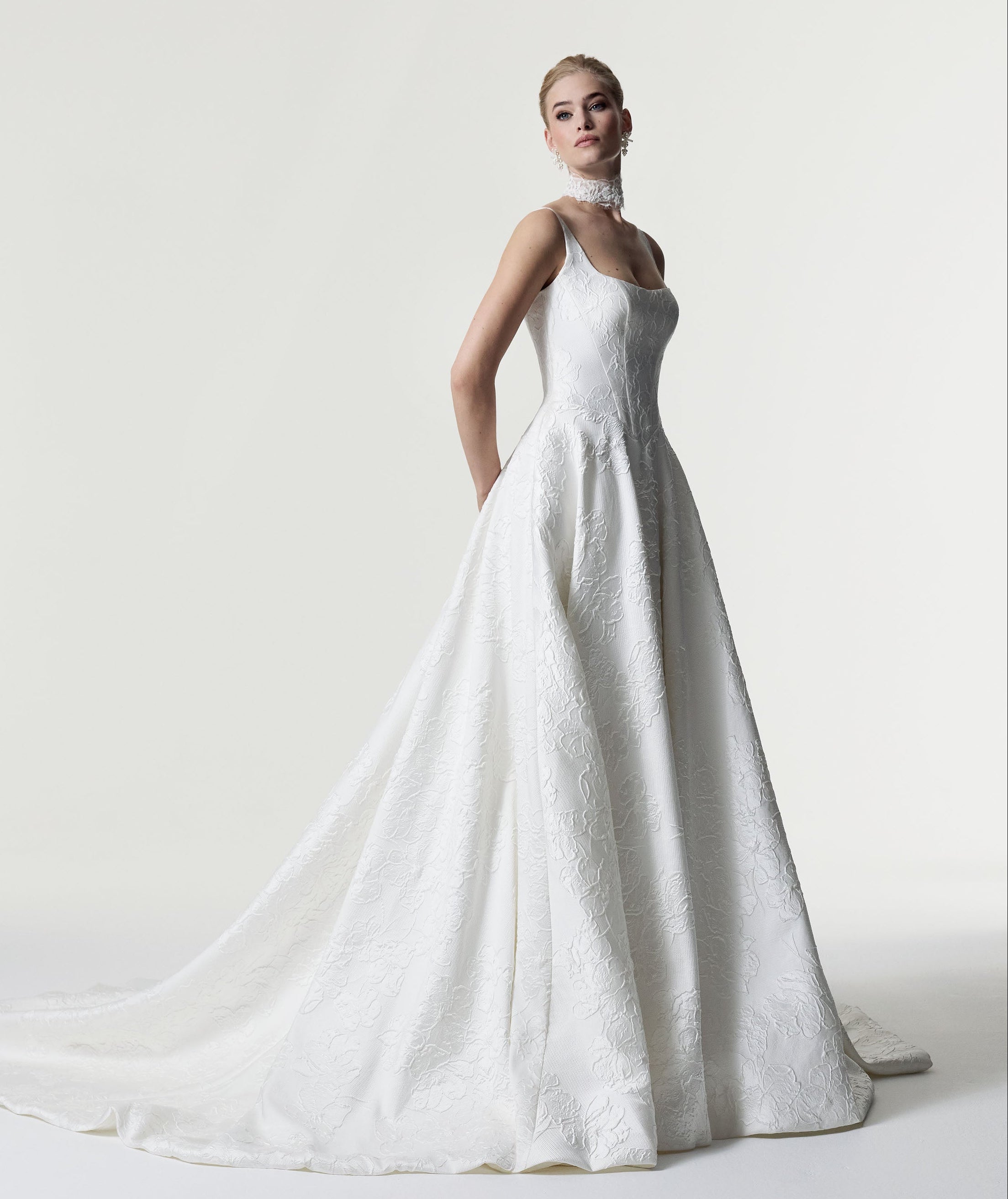 square neckline with basque waist A-Line skirt in silk embossed jacquard with lace choker