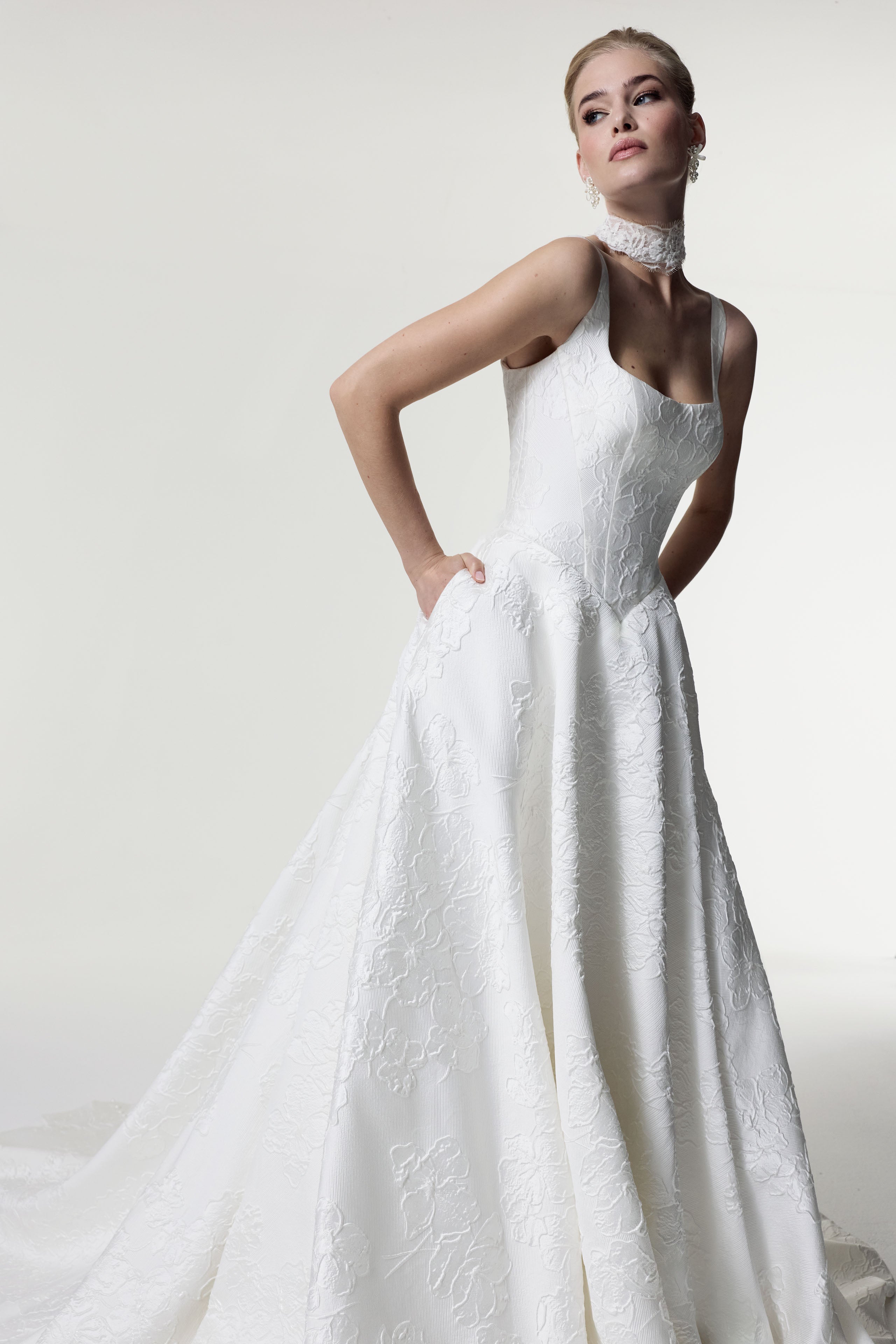 square neckline with basque waist A-Line skirt in silk embossed jacquard