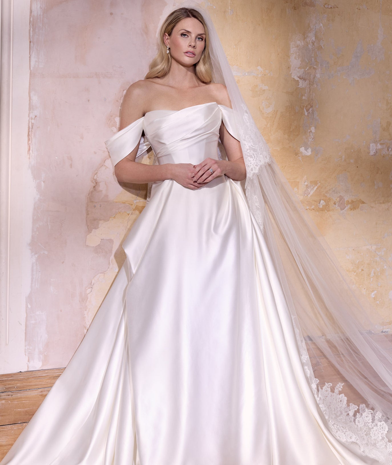 Italian duchess silk satin with soft draped straps and internal corset with lace-up back and dramatic