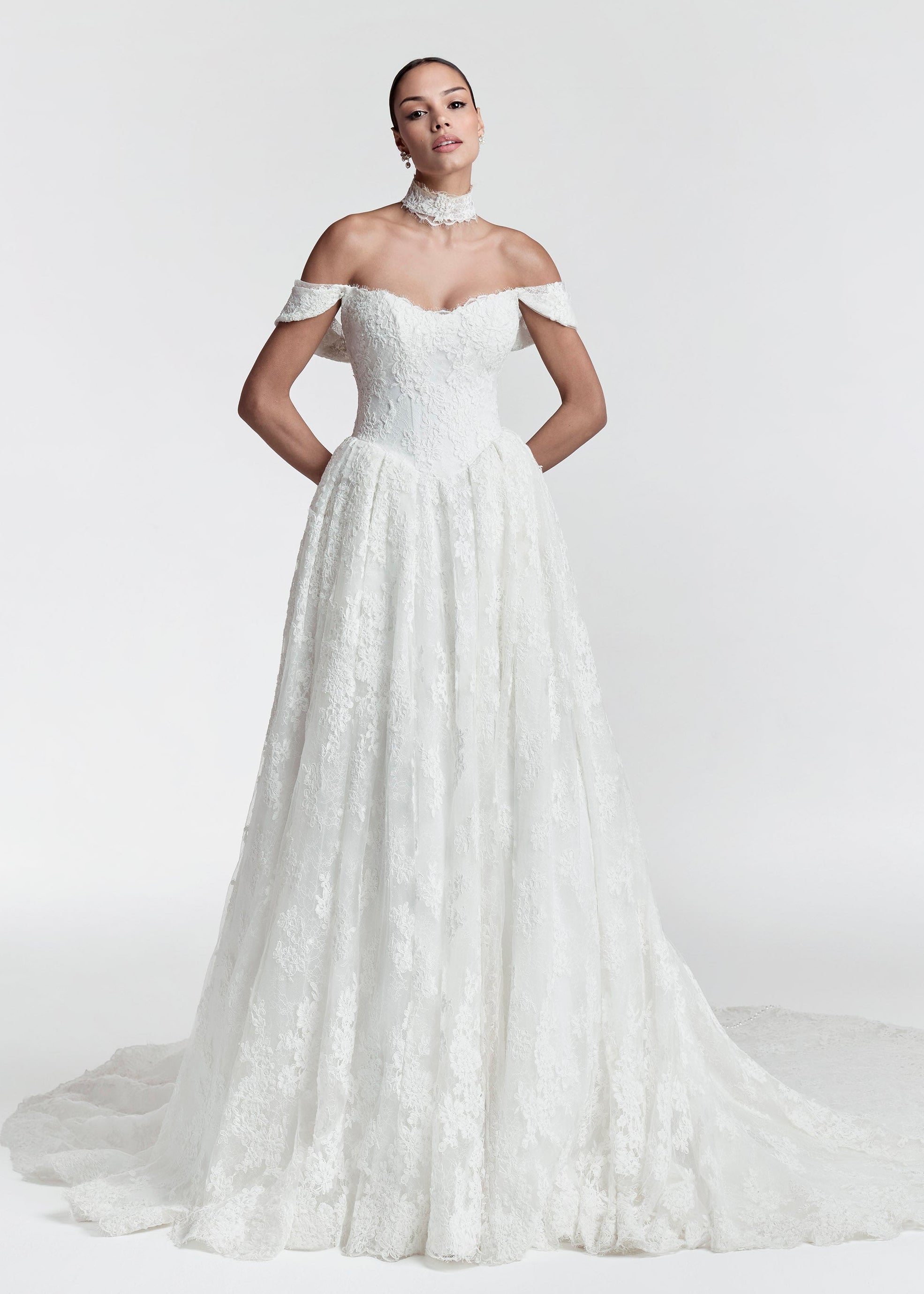 off the shoulder Chantilly lace v neckline and basuqe waist A-line with detachable straps and lace choker