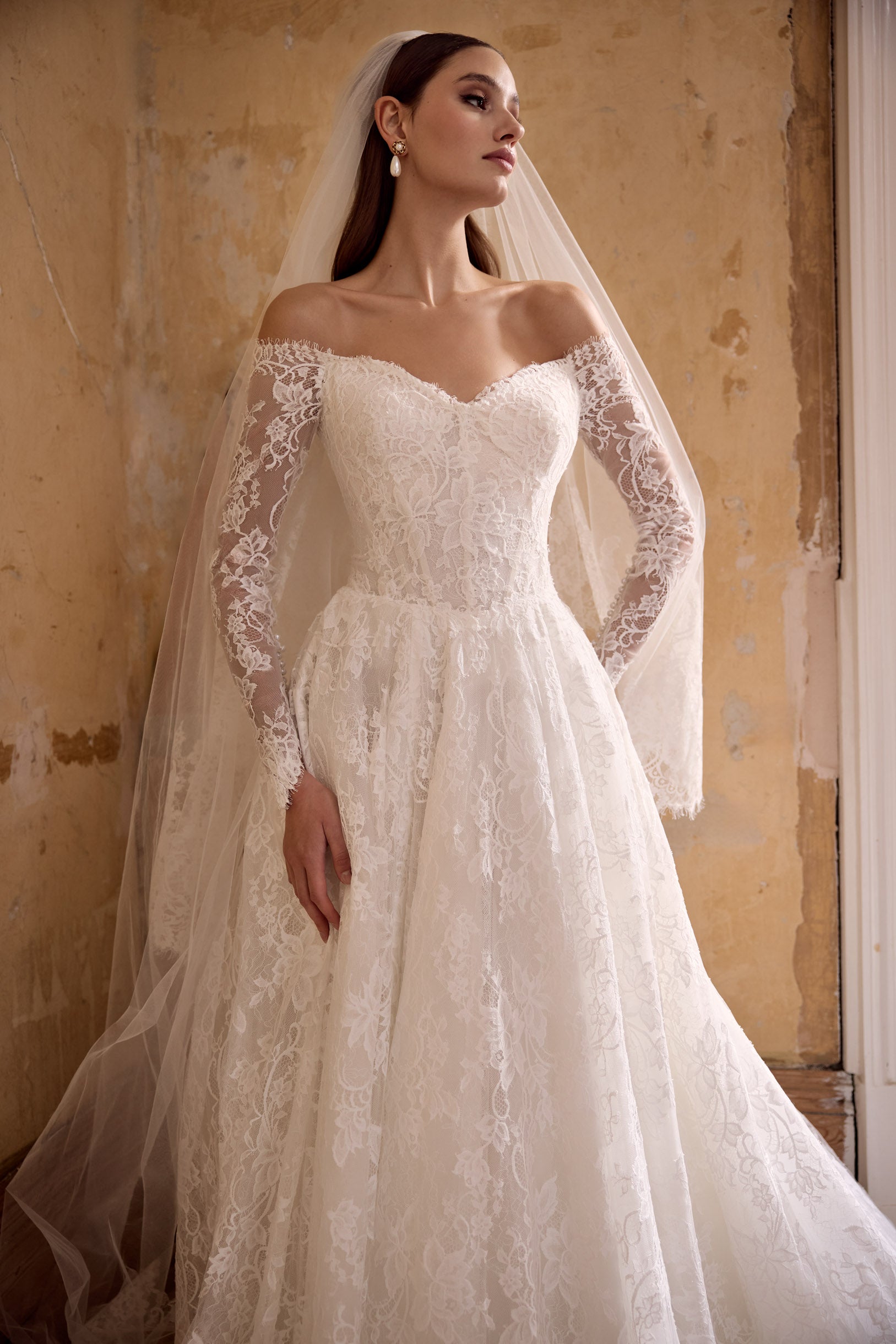 lace-up back and off-the-shoulder sleeves sweetheart neckline lace corset A-line dress with wedding veil