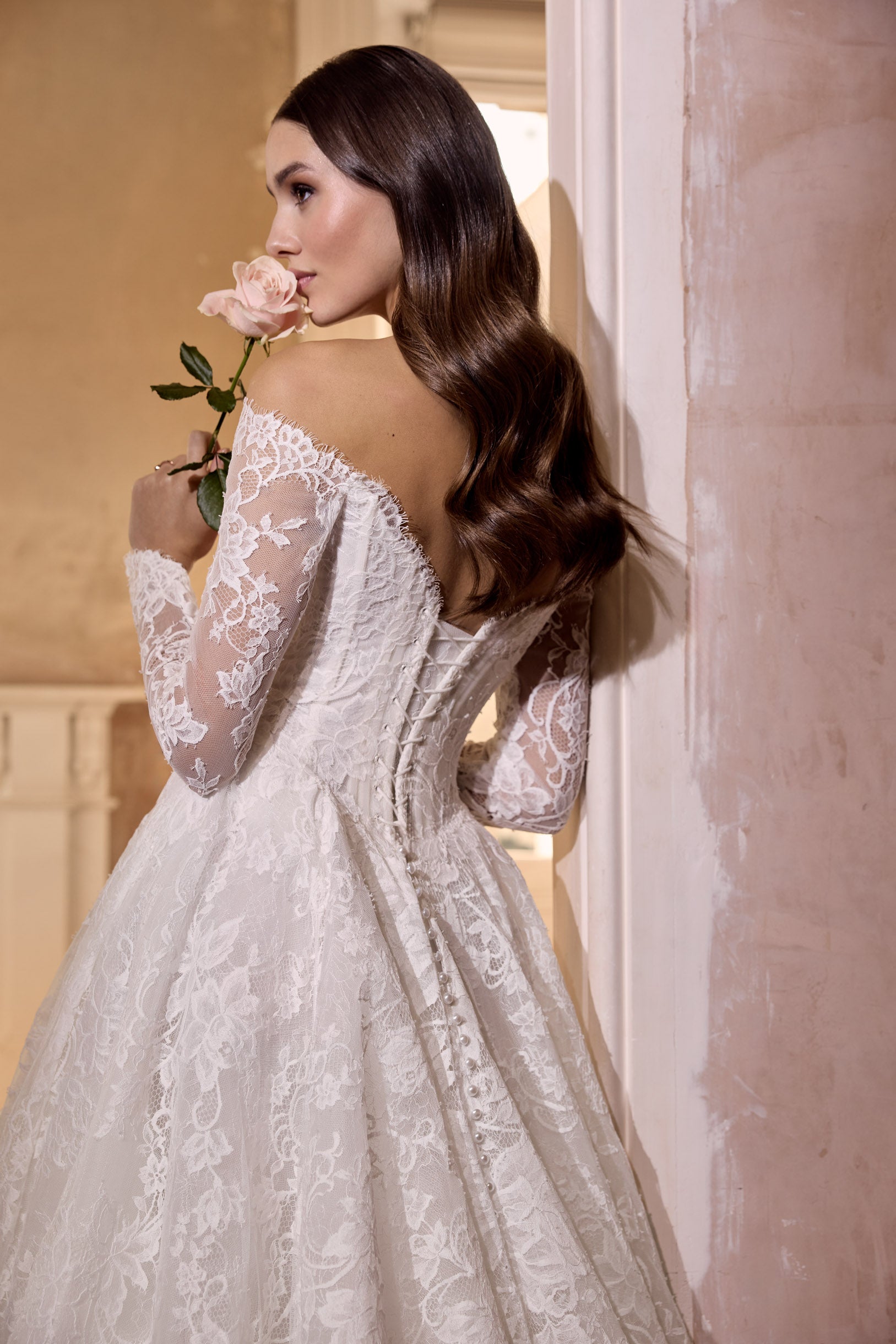 lace-up back and off-the-shoulder sleeves sweetheart neckline lace corset A-line dress