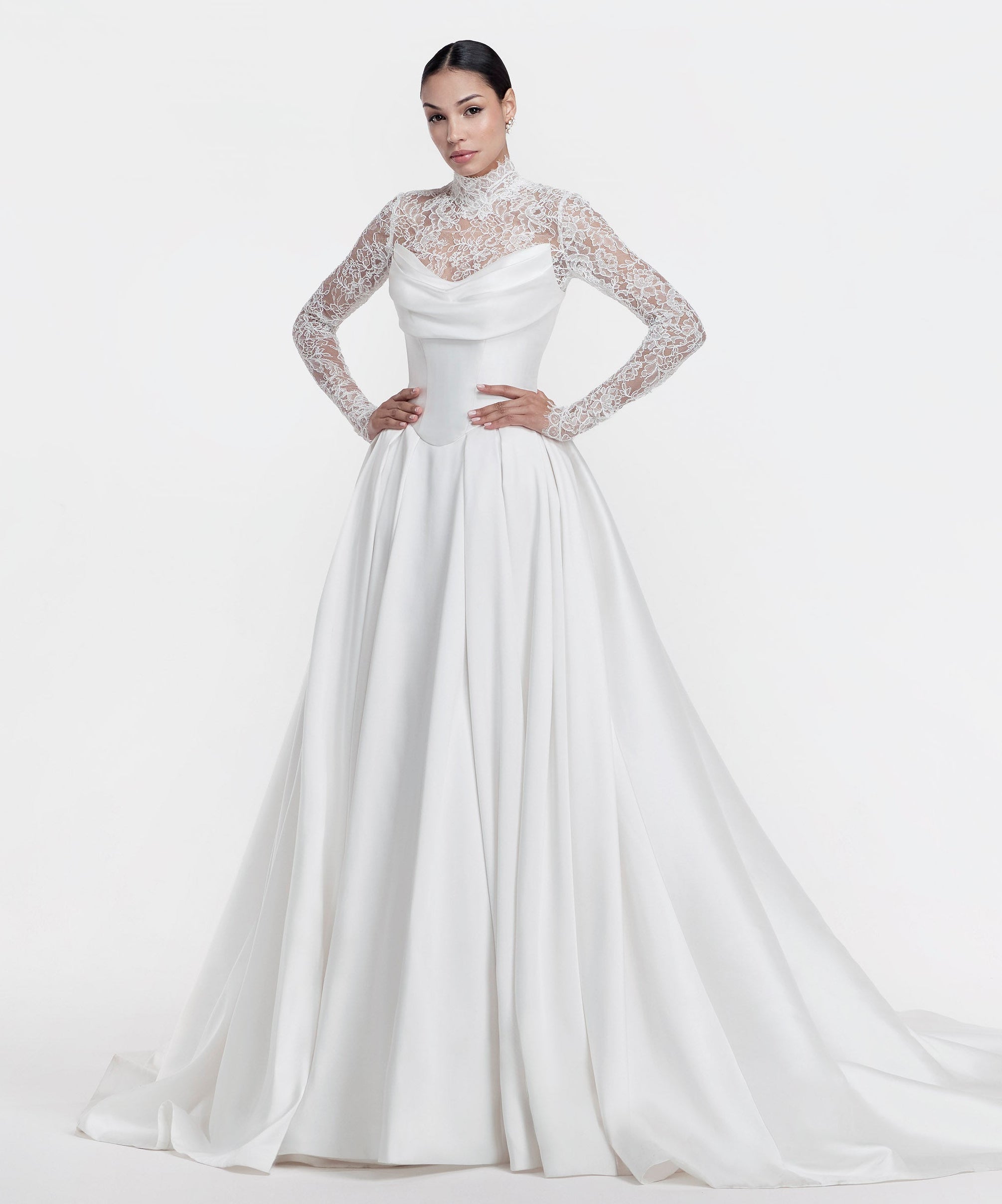 silk Mikado swoop neckline with a basque waist and pleated skirt with lace high neck sleeve jacket