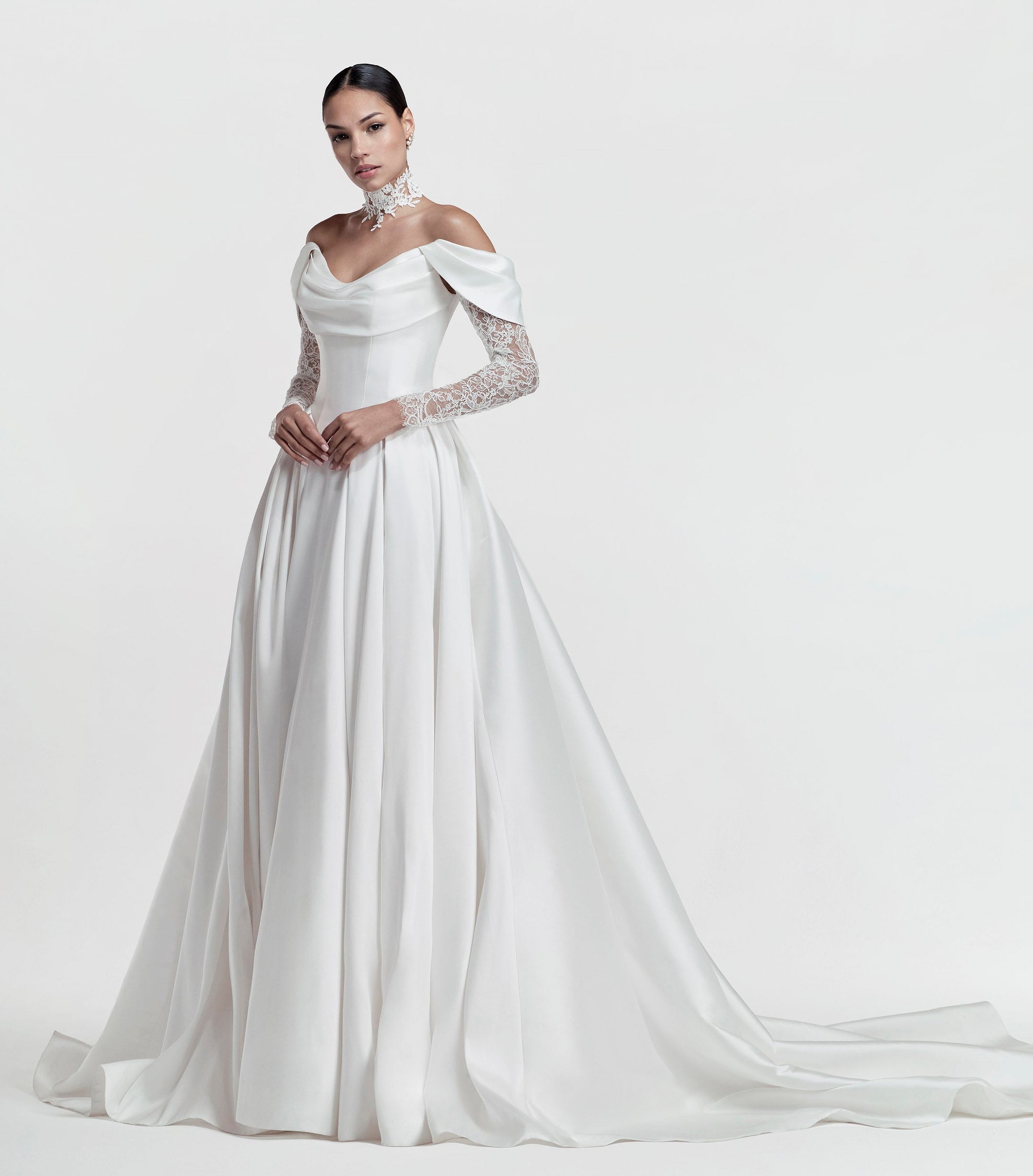 silk Mikado swoop neckline with a basque waist and pleated skirt
