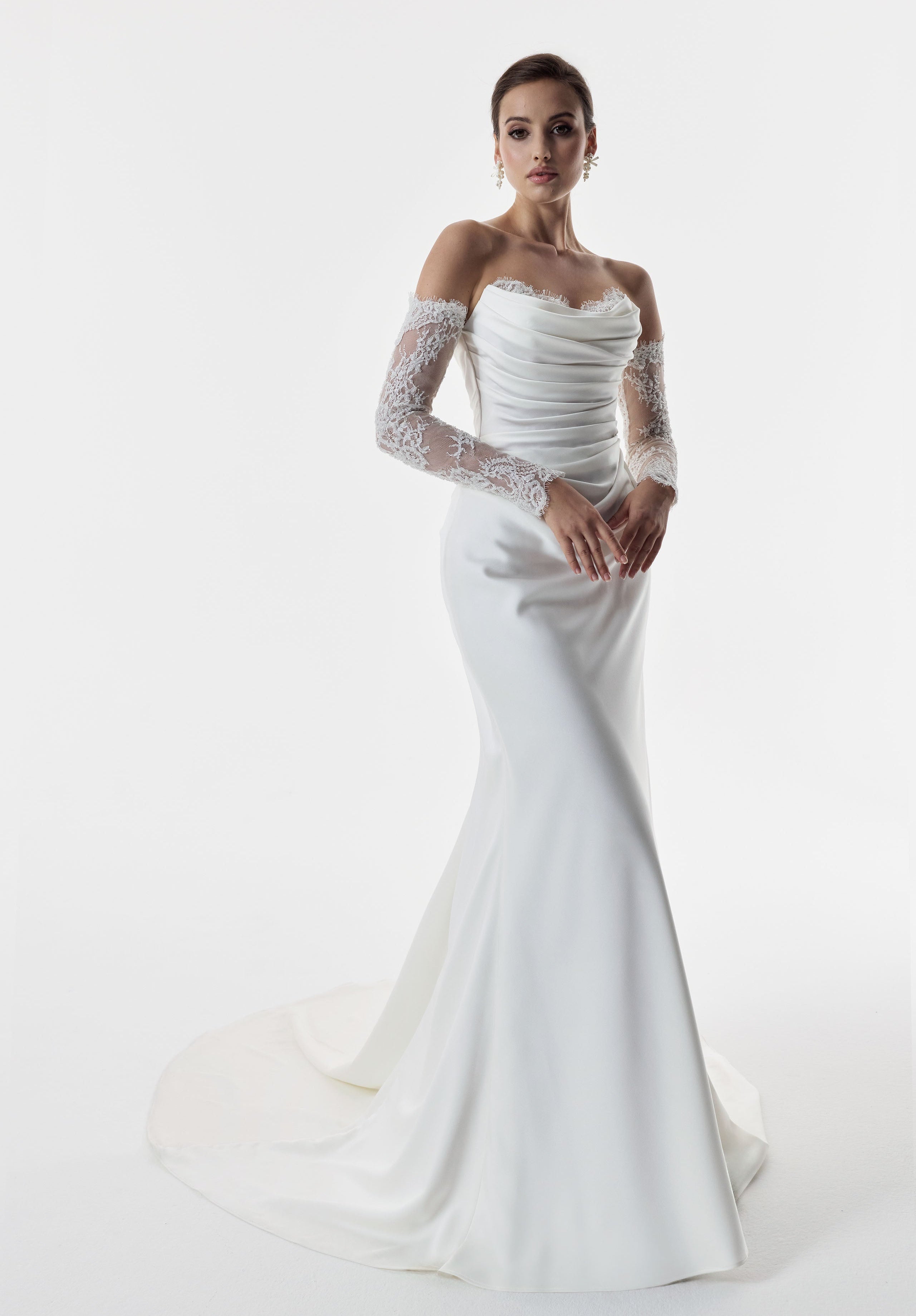 strapless scoop encrusted lace bodice draped fitted sheath dress with matching sleeves