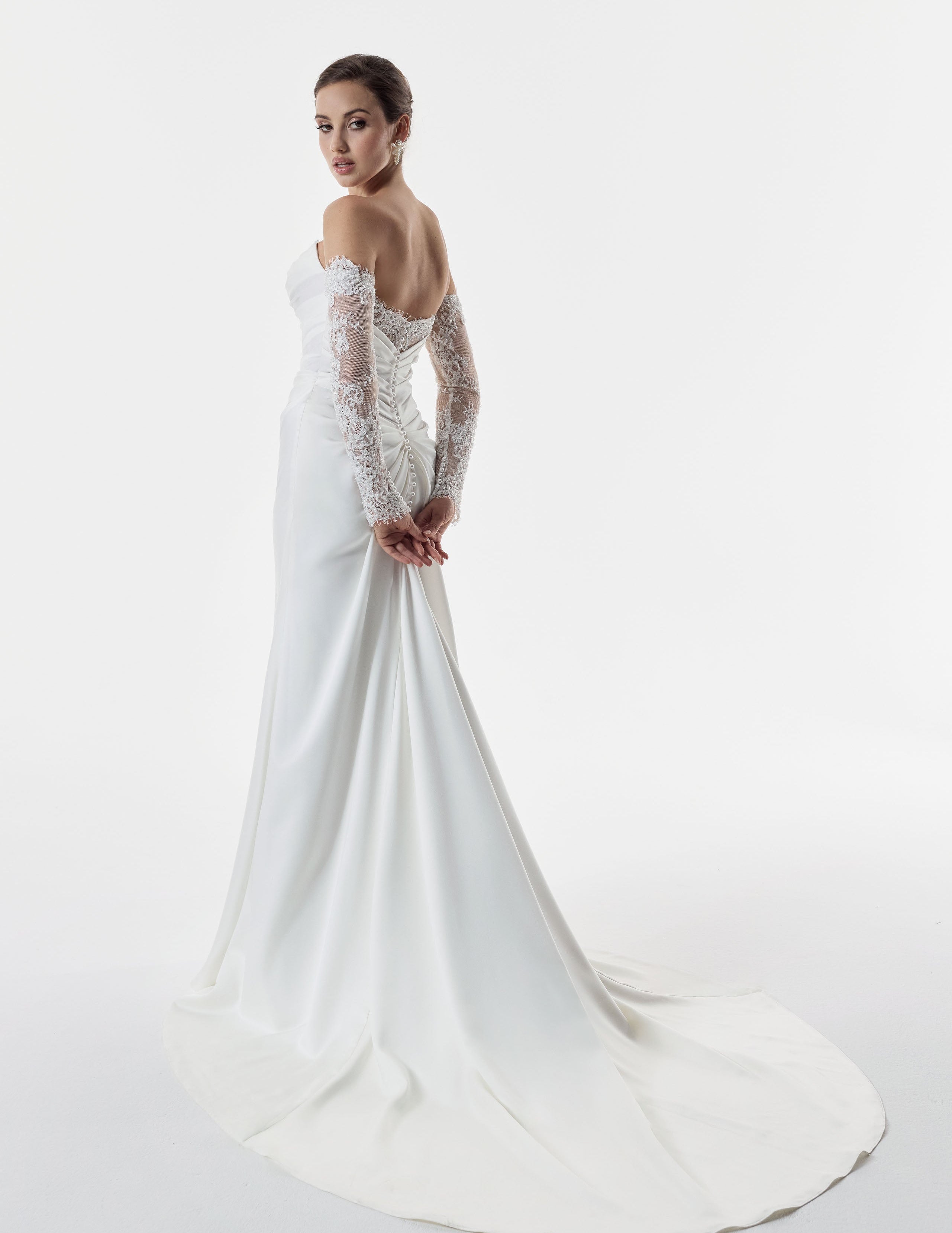 strapless scoop encrusted lace bodice draped fitted sheath dress and matching sleeves