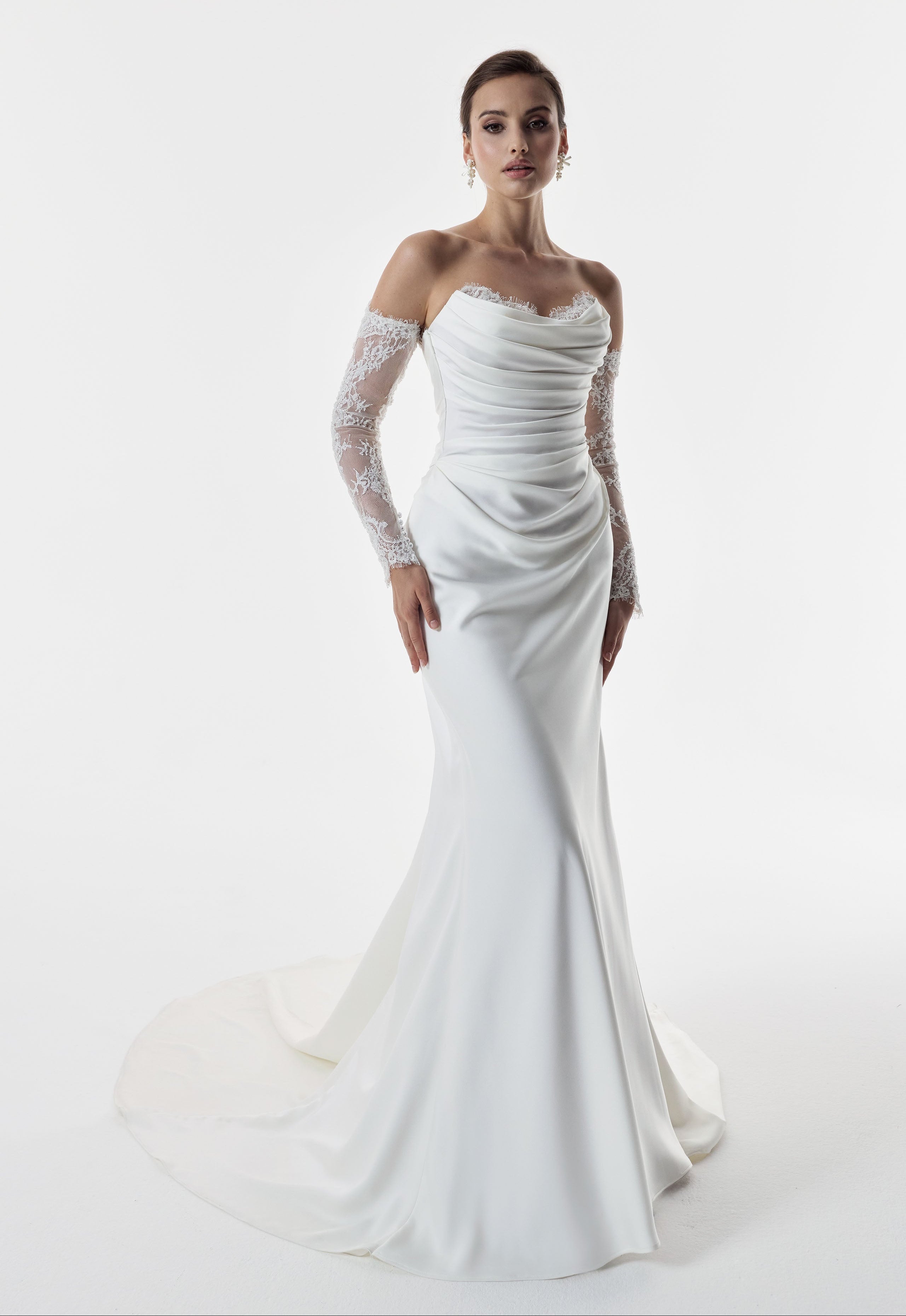 strapless scoop encrusted lace bodice draped fitted sheath dress with matching sleeves