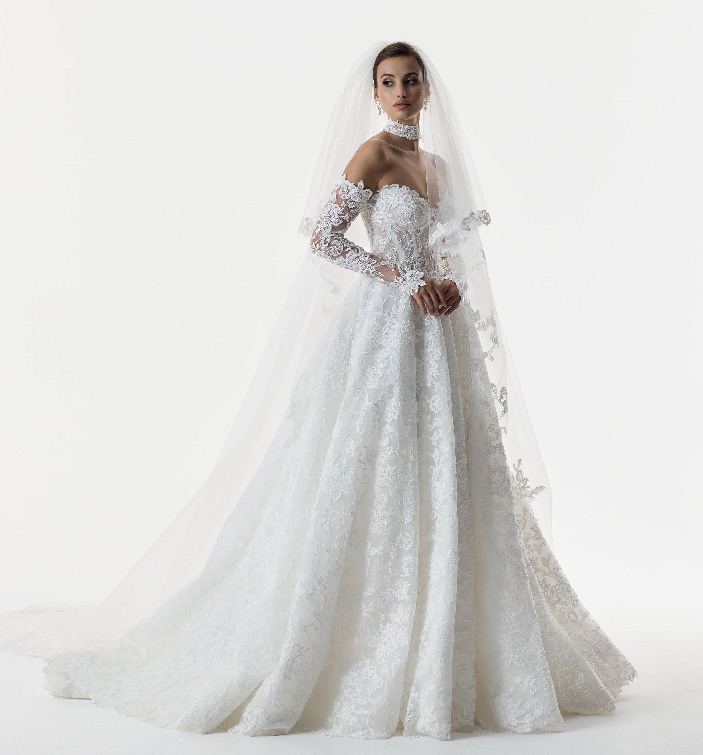 strapless sweetheart neckline corset A-line dress with embroidered lace layered over delicate Chantilly lace with matching lace choker and lace choker and double tier wedding veil