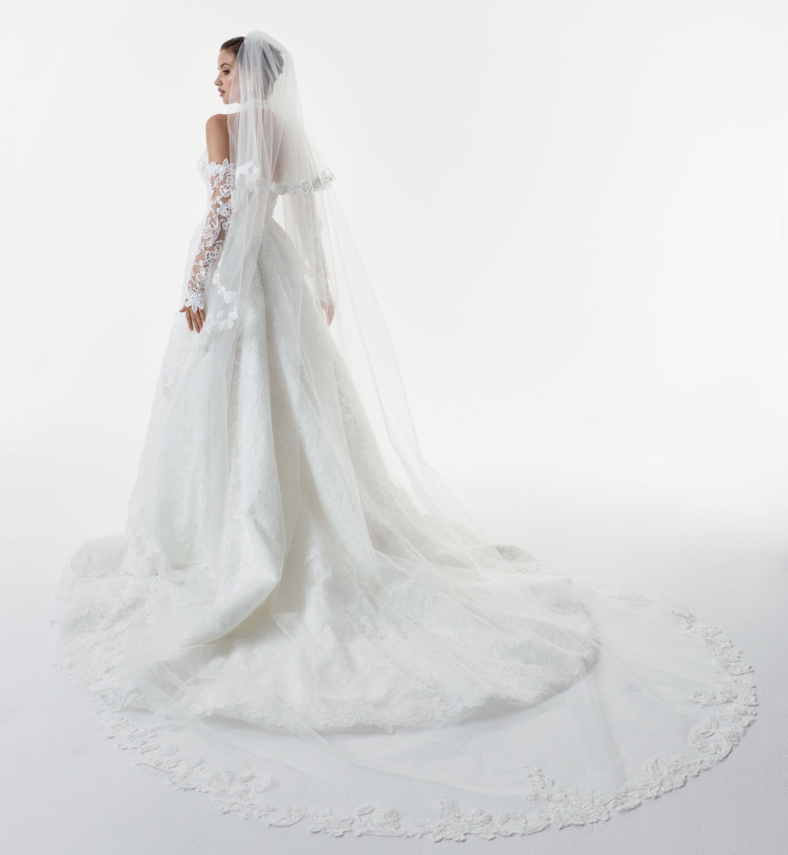 strapless sweetheart neckline corset A-line dress with embroidered lace layered over delicate Chantilly lace with matching lace sleeves, lace choker double tier wedding veil