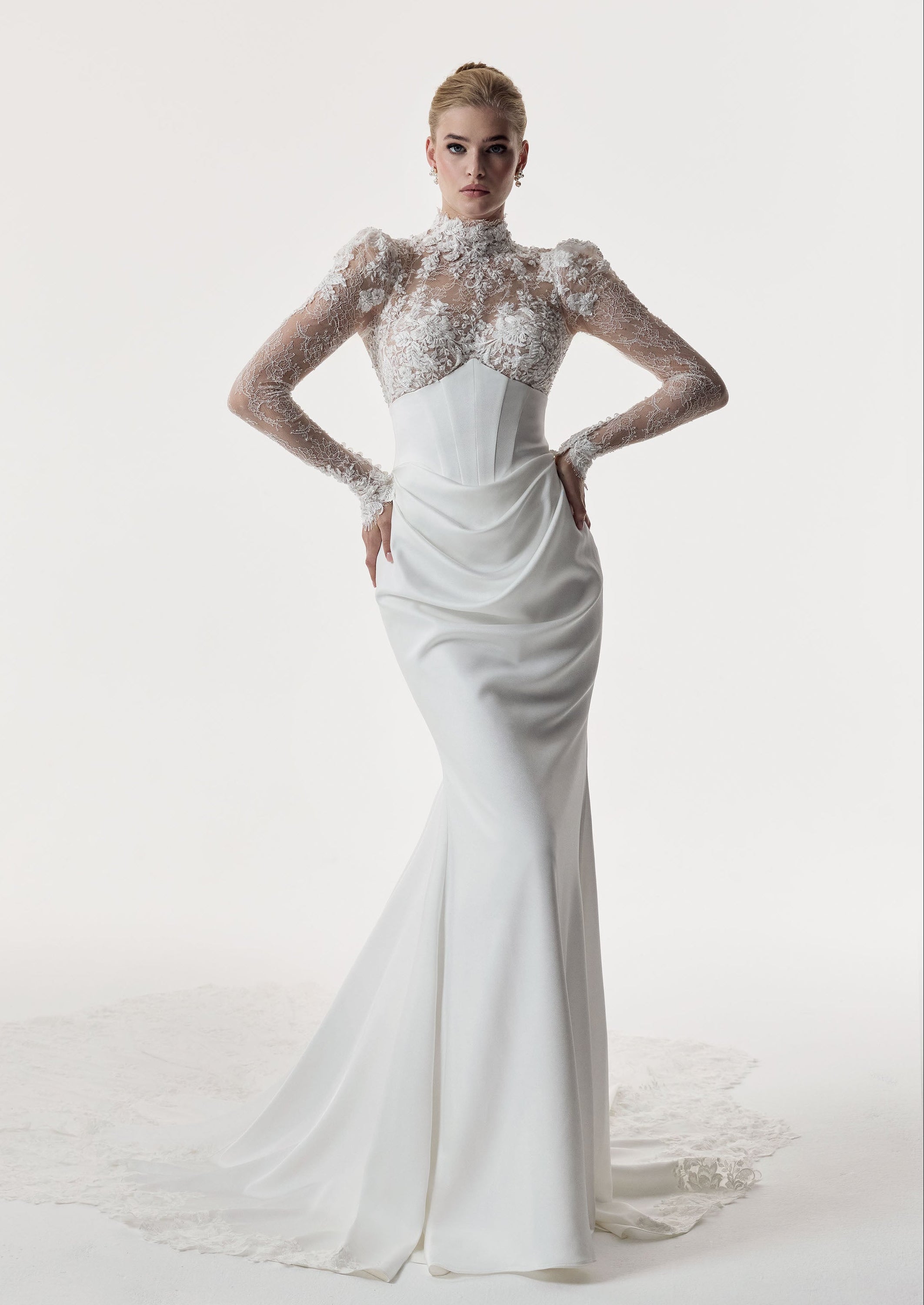 high neckline encrusted lace sleeves and bust, corset draped Japanese crepe skirt with illusion lace train dress