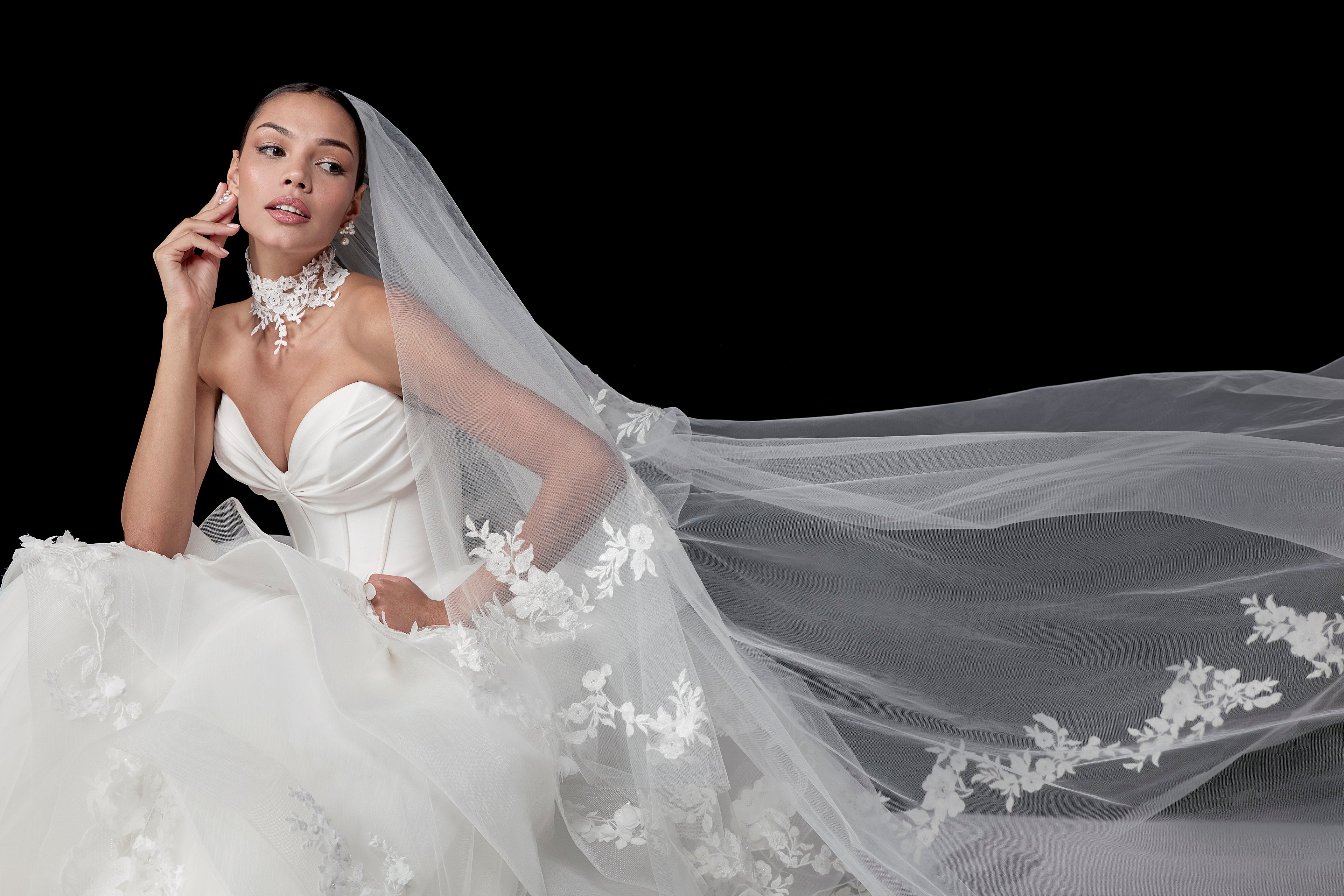 princess gown with structured boned sweetheart bodice and layered tulle skirt with lace applique and horsehair trim
