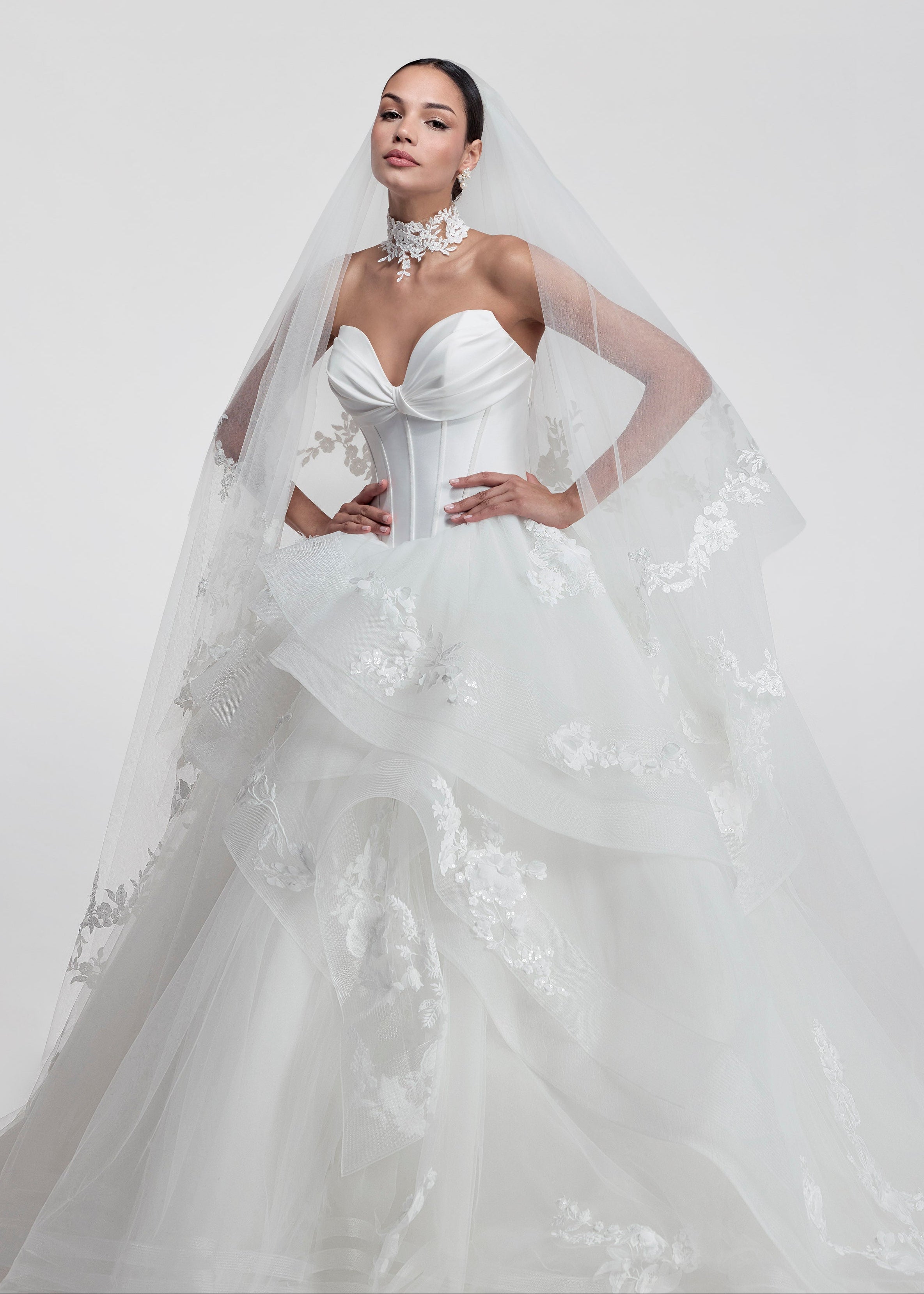 princess gown with structured boned sweetheart bodice and layered tulle skirt with lace applique and horsehair trim