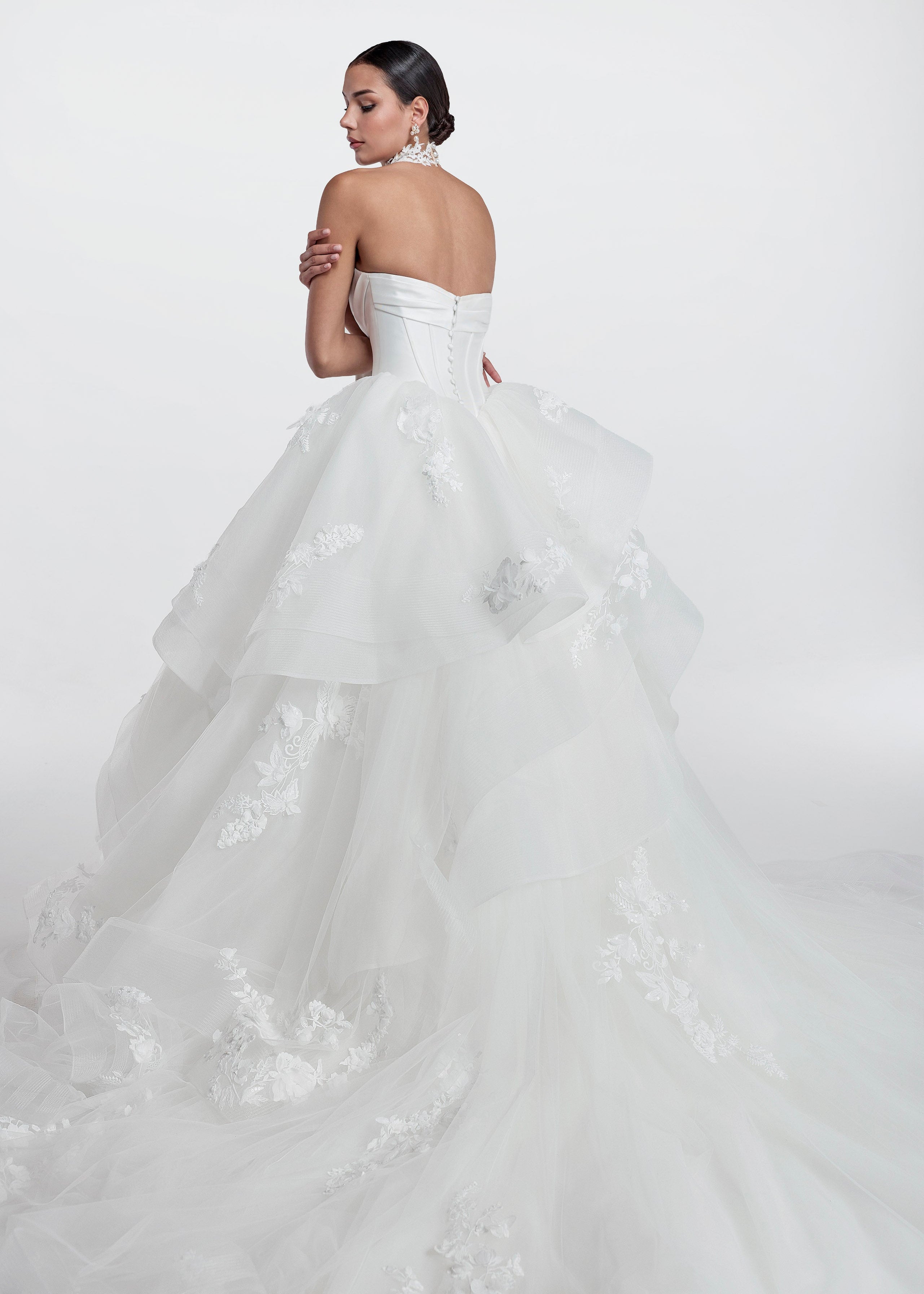 princess gown with structured boned sweetheart bodice and layered tulle skirt with lace applique and horsehair trim