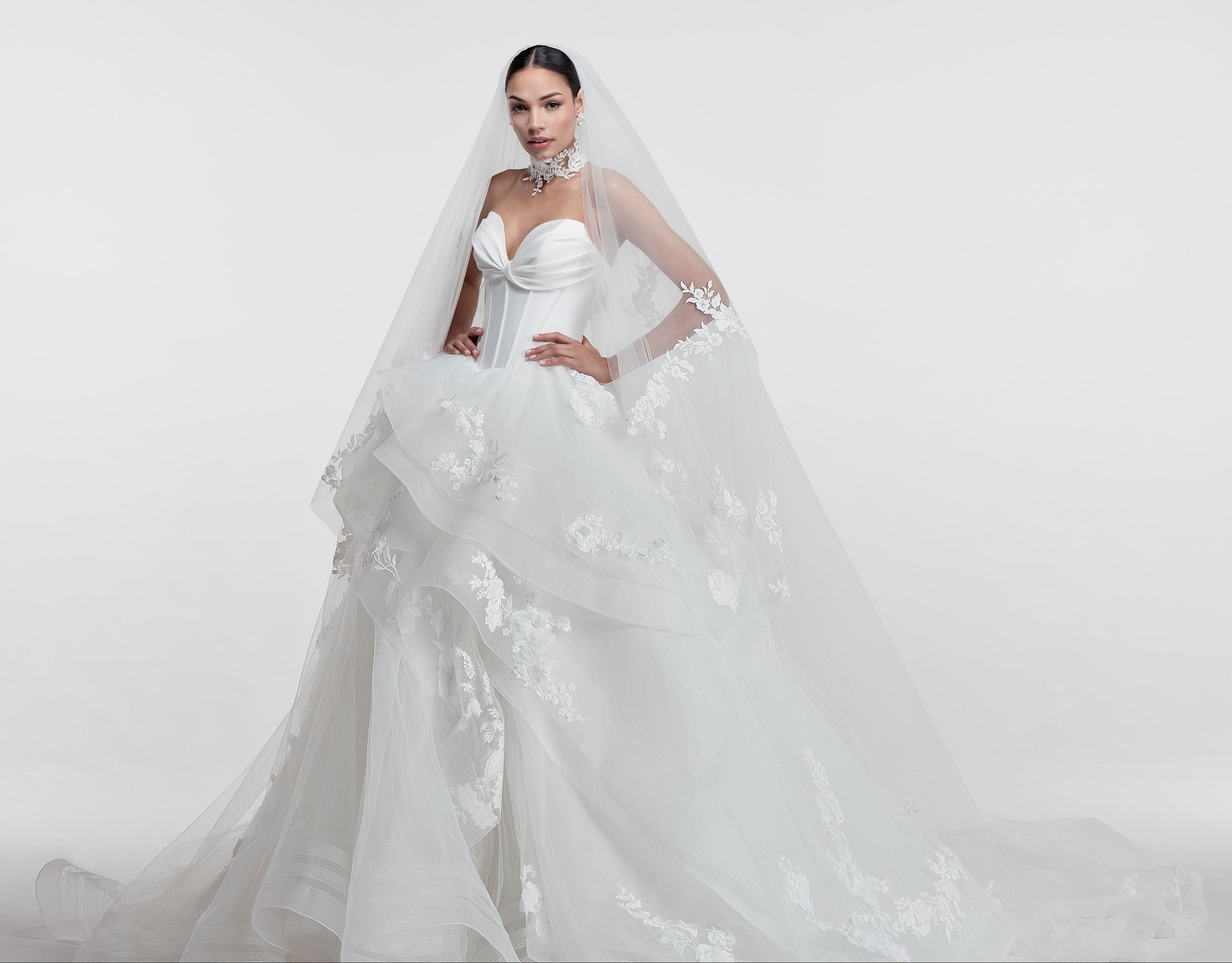 princess gown with structured boned sweetheart bodice and layered tulle skirt with lace applique and horsehair trim