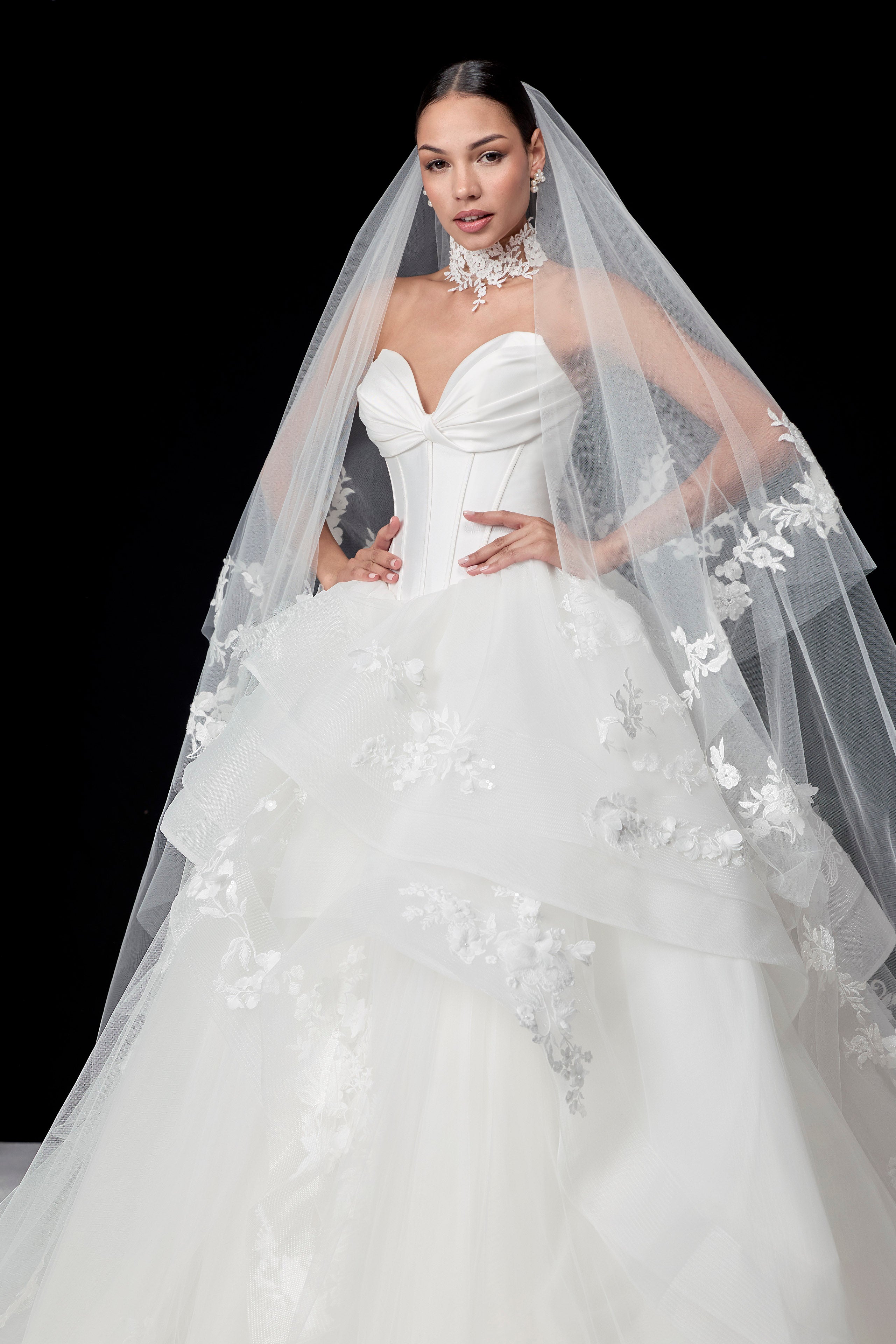 princess gown with structured boned sweetheart bodice and layered tulle skirt with lace applique and horsehair trim