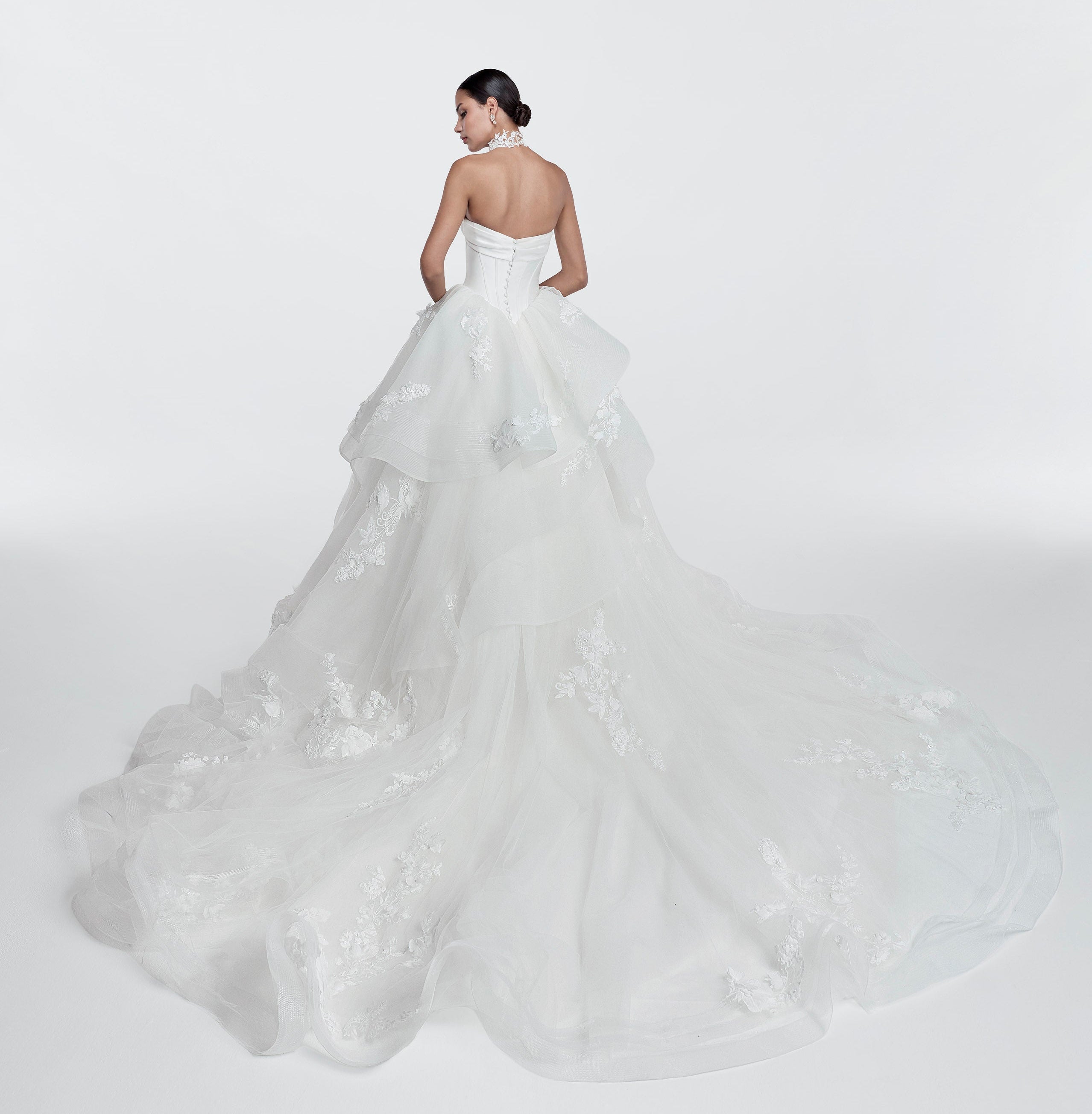 princess gown with structured boned sweetheart bodice and layered tulle skirt with lace applique and horsehair trim
