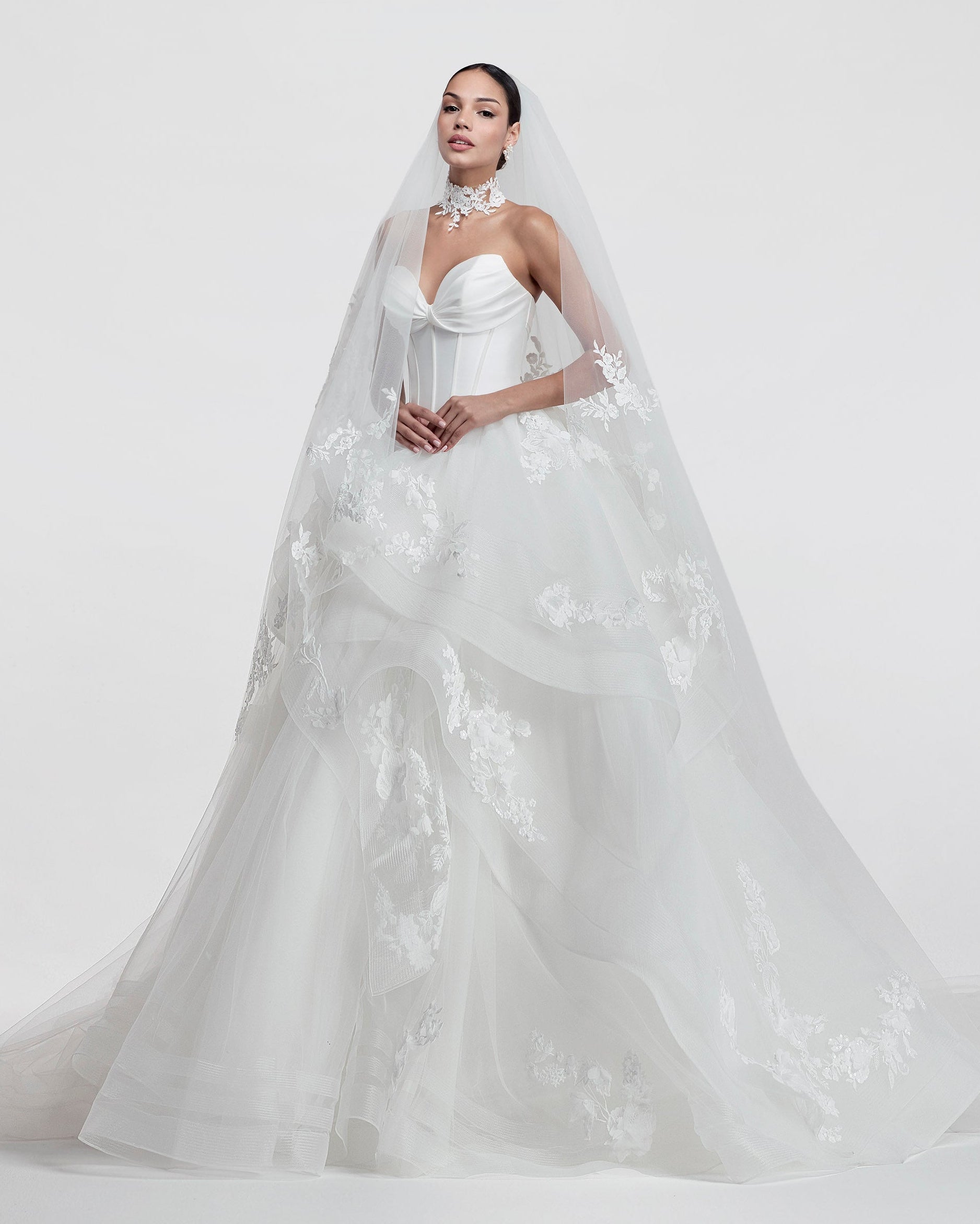 princess gown with structured boned sweetheart bodice and layered tulle skirt with lace applique and horsehair trim