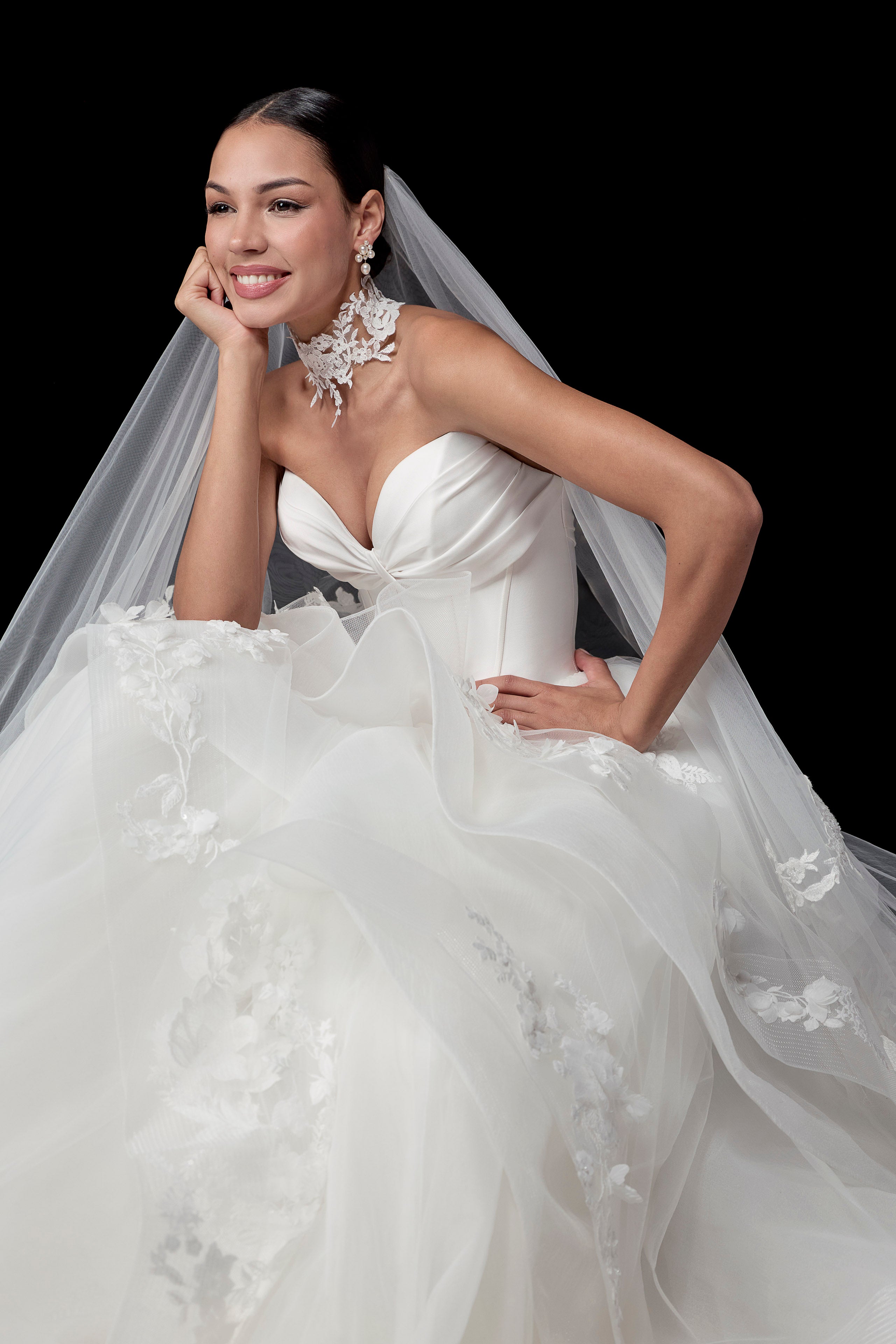 princess gown with structured boned sweetheart bodice and layered tulle skirt with lace applique and horsehair trim