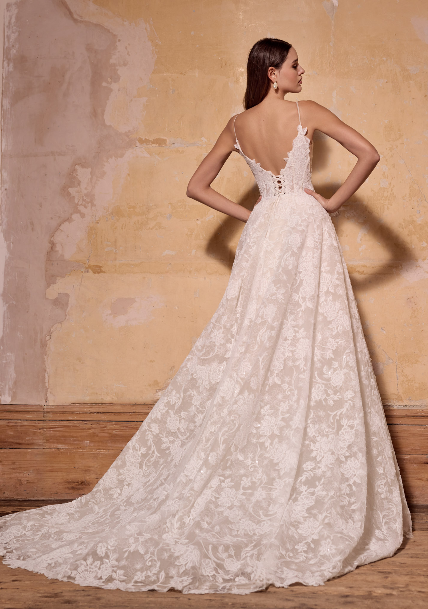 low back strappy lace corset A-line dress with pearl buttons