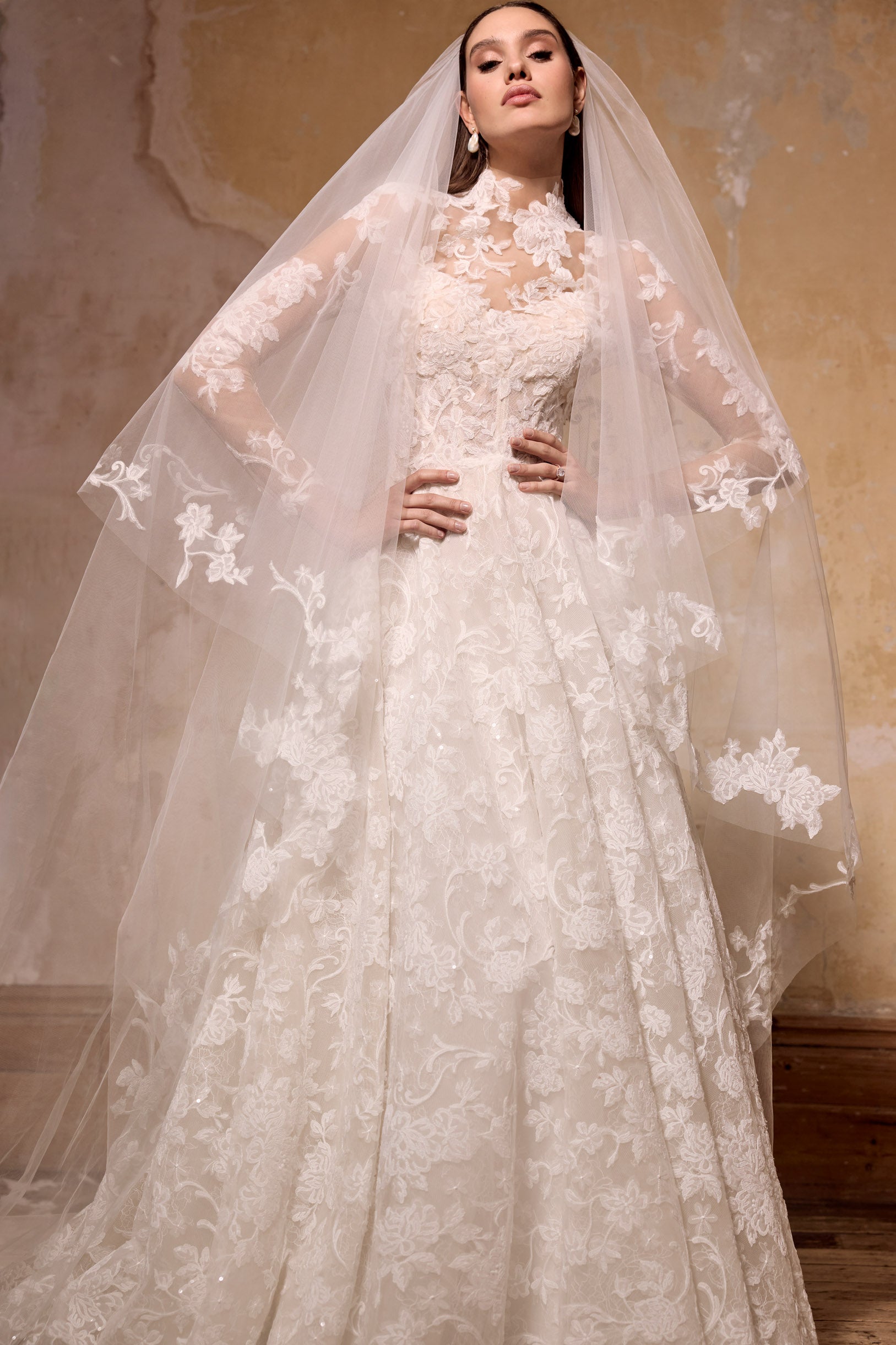 high neck lace topper lace corset A-line dress with pearl buttons with matching lace wedding veil