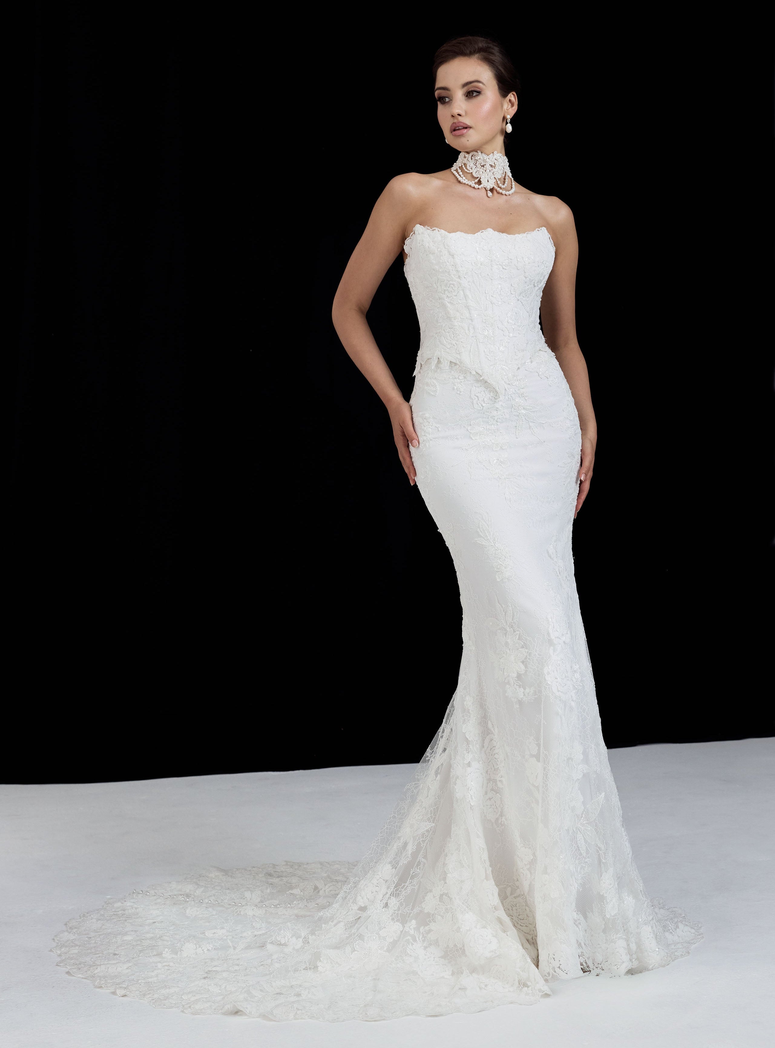 strapless scoop neckline embellished lace applique layered over Chantilly lace corset bodice basque waist with a detachable fitted skirt with choker