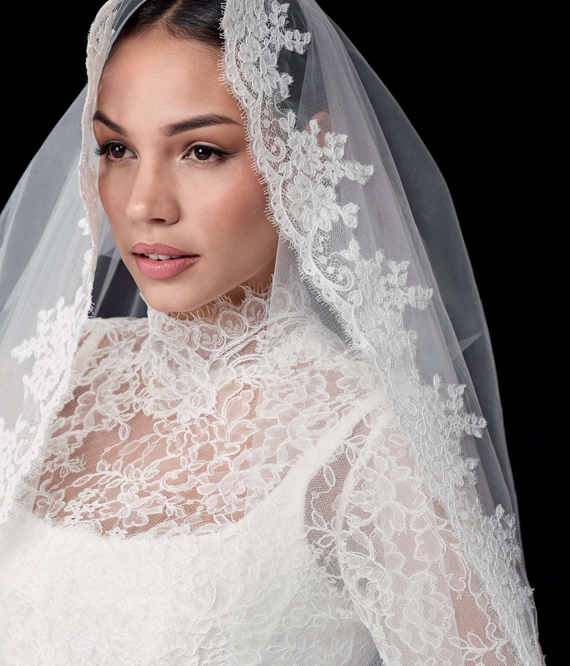 lace square neckline with basque waist and corset and A-line skirt with high neck lace topper and lace veil