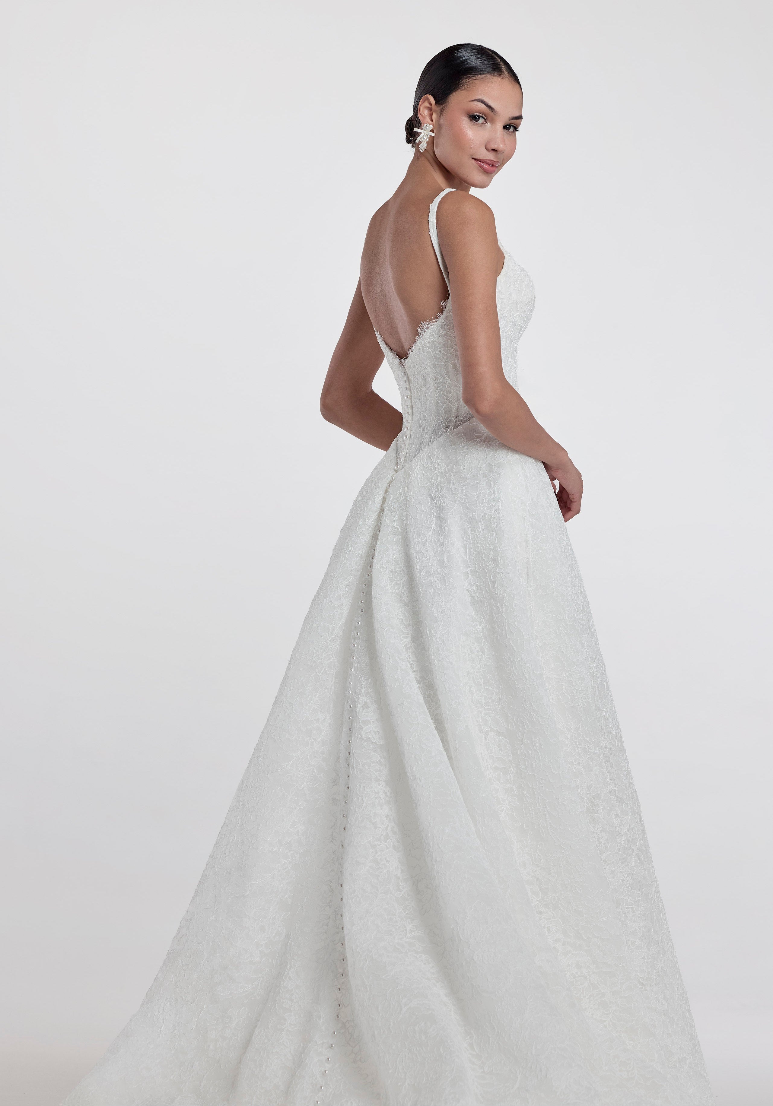 lace square neckline with basque waist and corset and A-line skirt