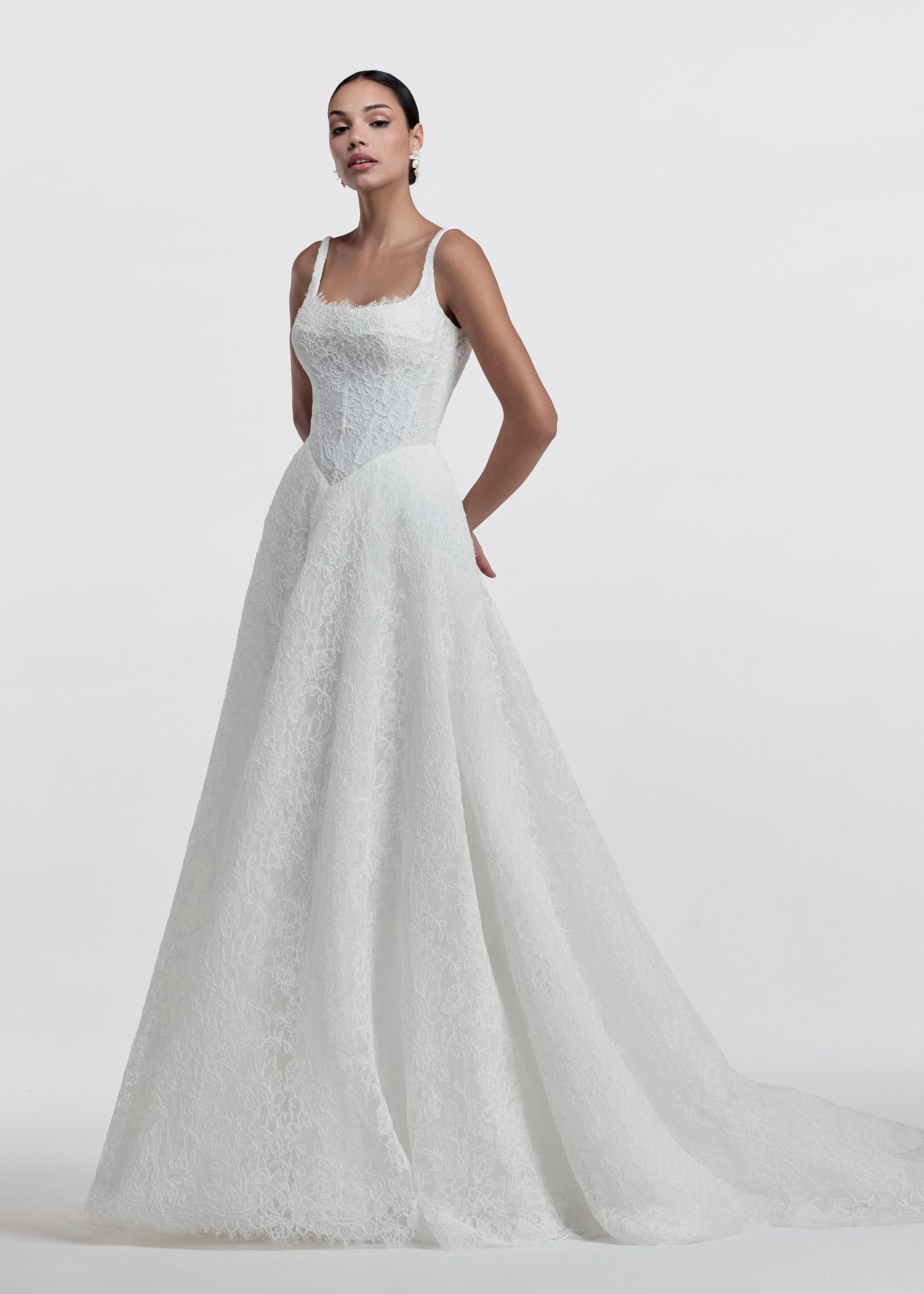 lace square neckline with basque waist and corset and A-line skirt