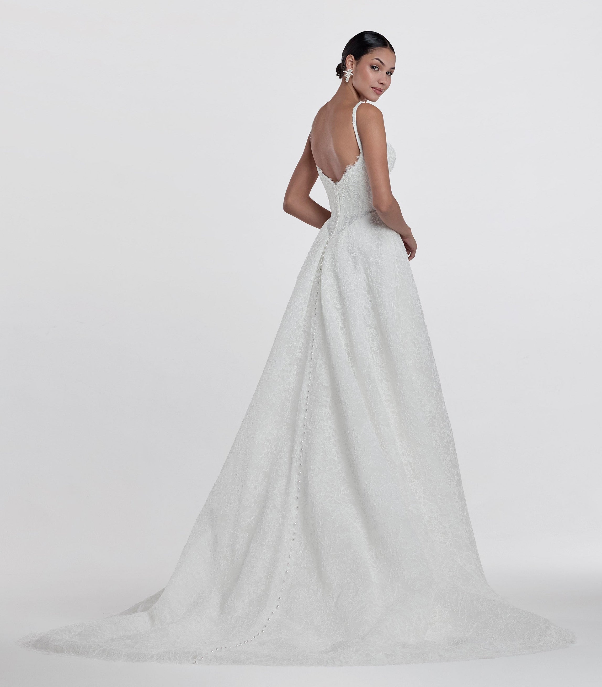 lace square neckline with basque waist and corset and A-line skirt