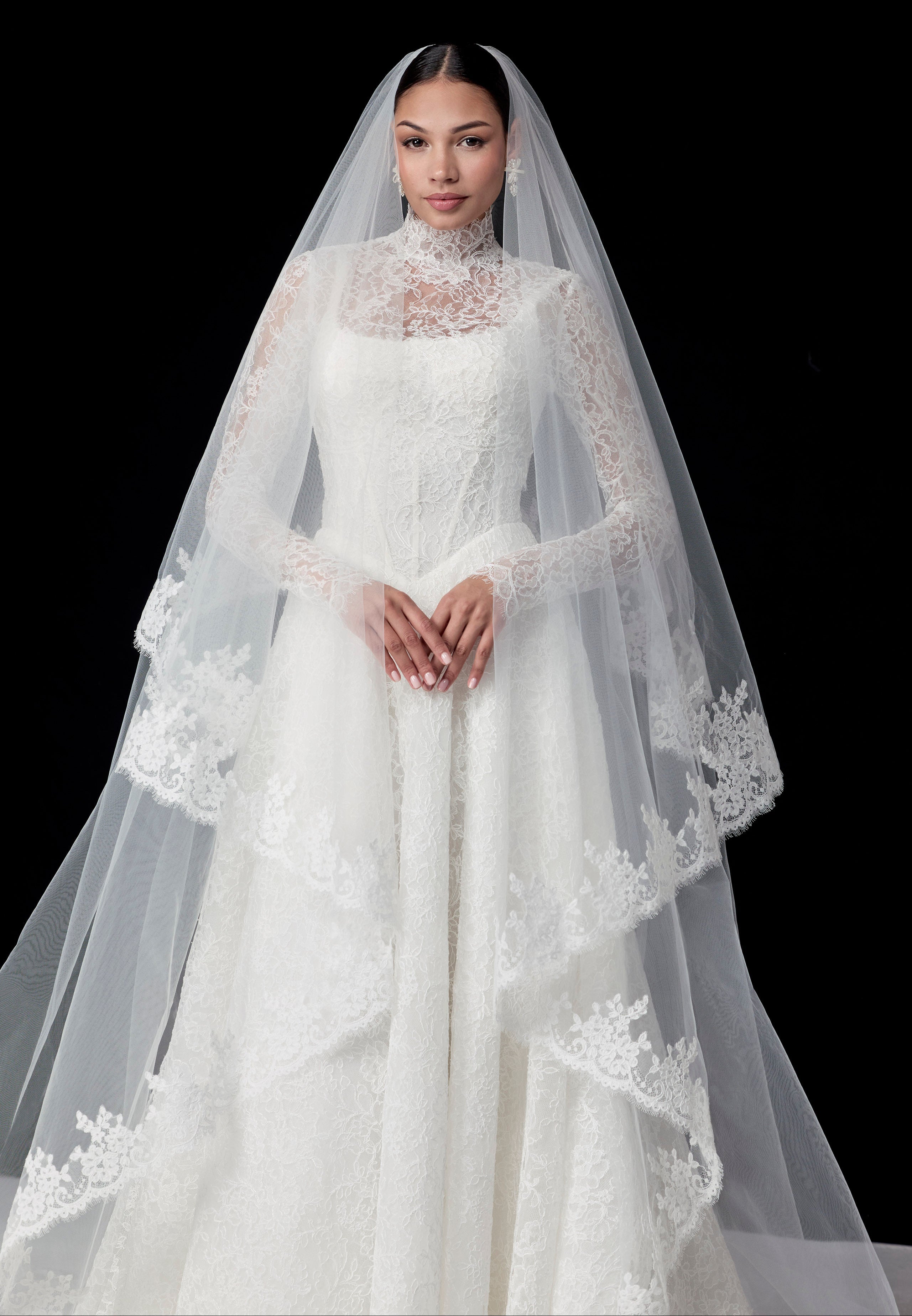 lace square neckline with basque waist and corset and A-line skirt with high neck lace topper and lace veil