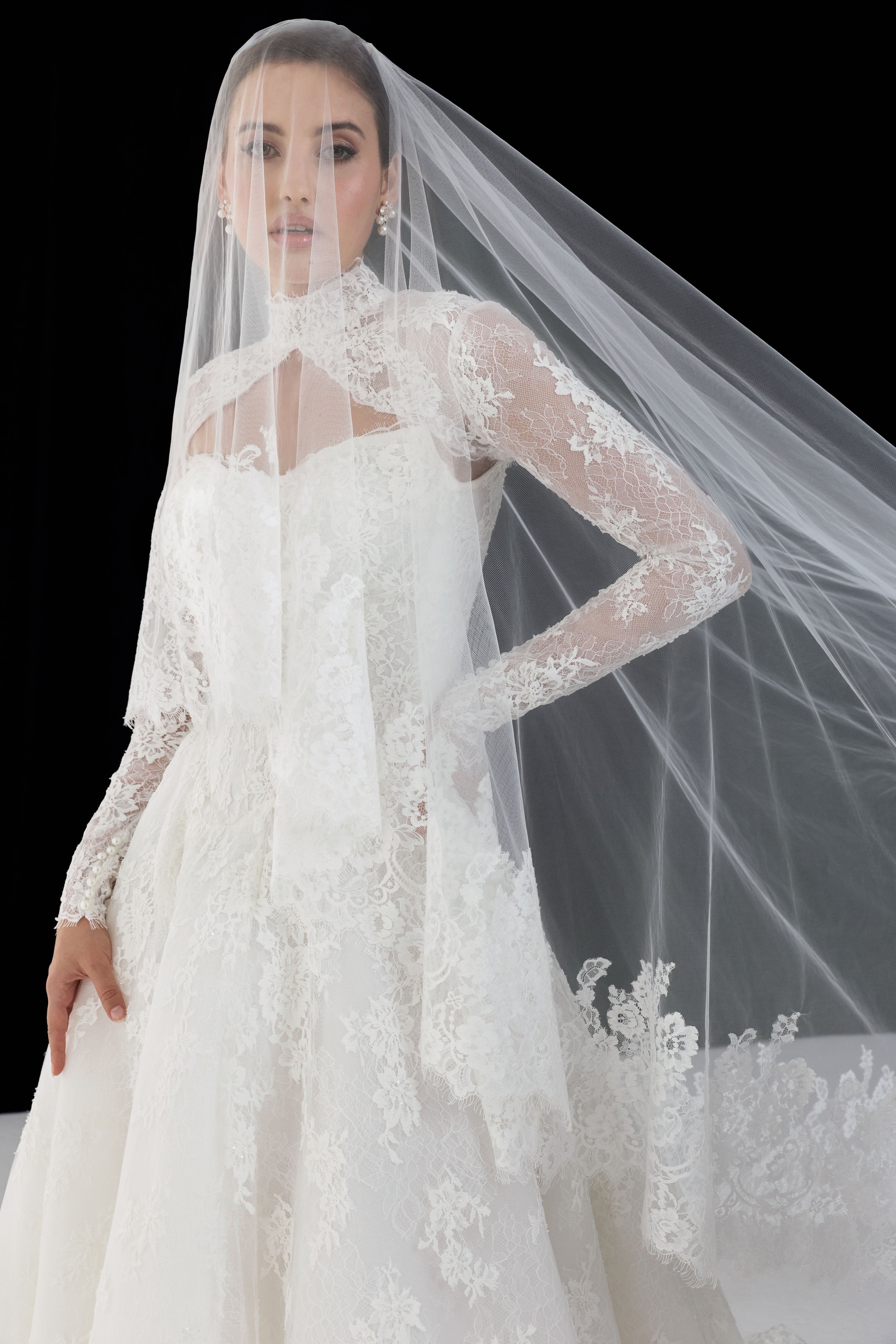 soft sweetheart neckline French look lace with beading corset bodice basque waist A-line skirt dress with long sleeve lace topper and wedding veil