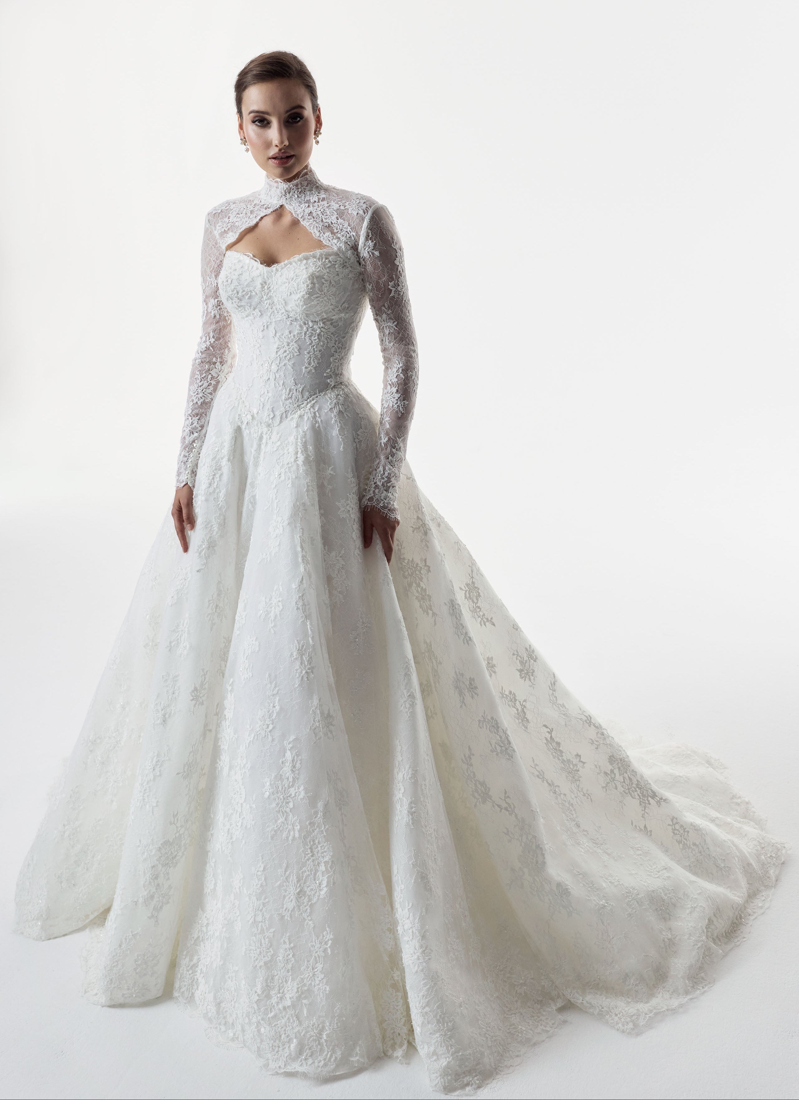 soft sweetheart neckline French look lace with beading corset bodice basque waist A-line skirt dress with matching long sleeve lace topper