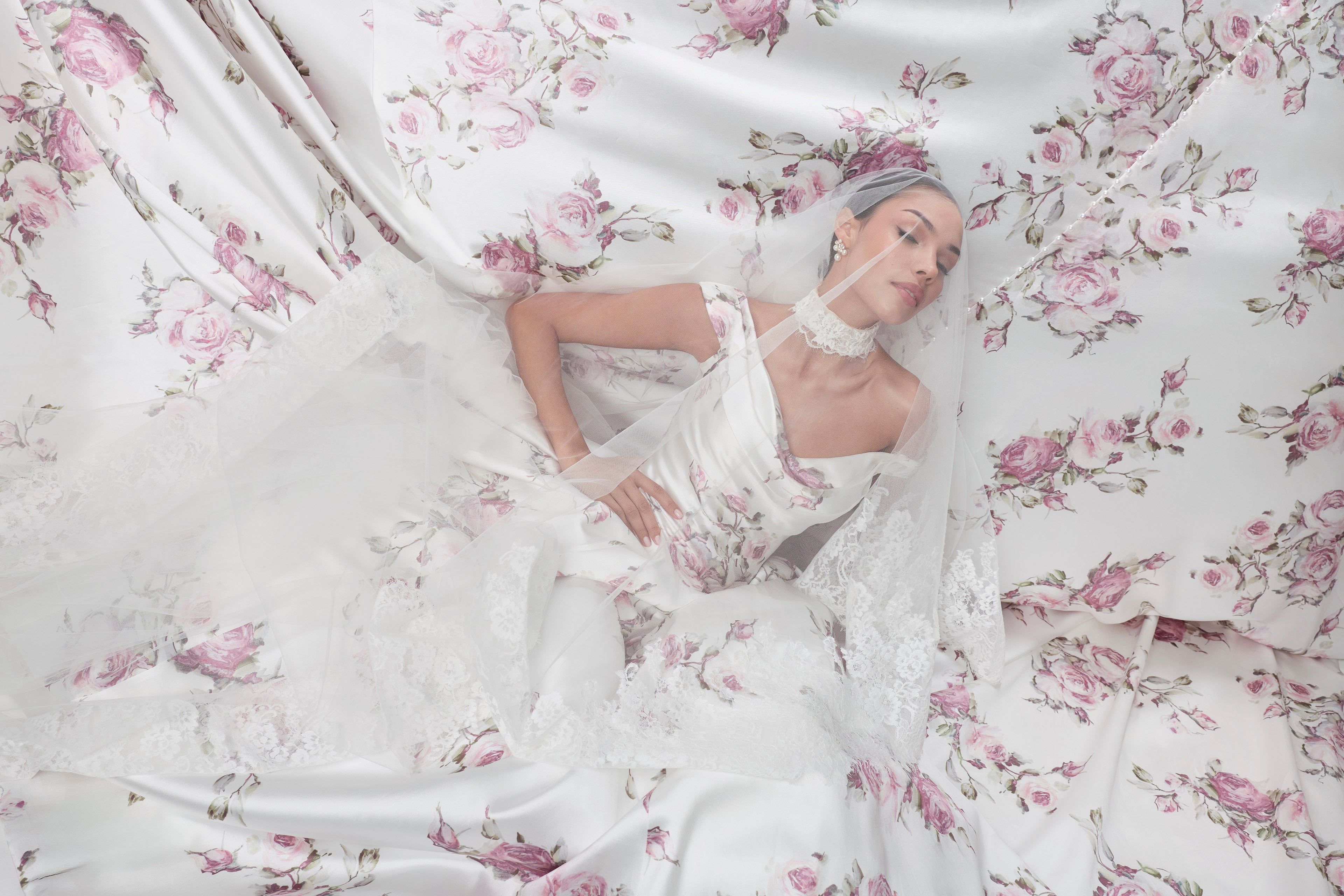 lux Italian silk Mikado swooped neckline, basque waist A-Line with a soft pink rose print