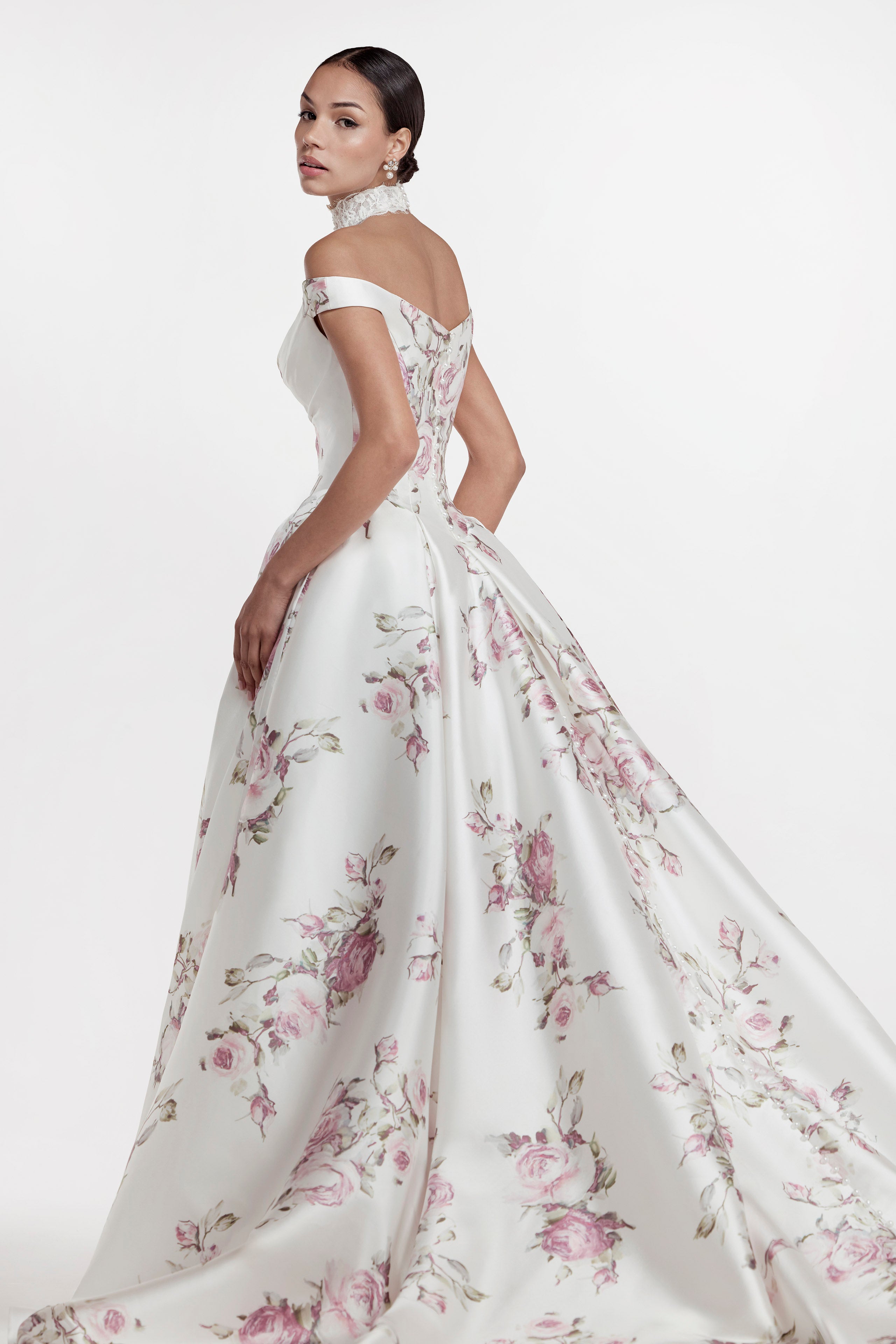 lux Italian silk Mikado swooped neckline, basque waist A-Line with a soft pink rose print