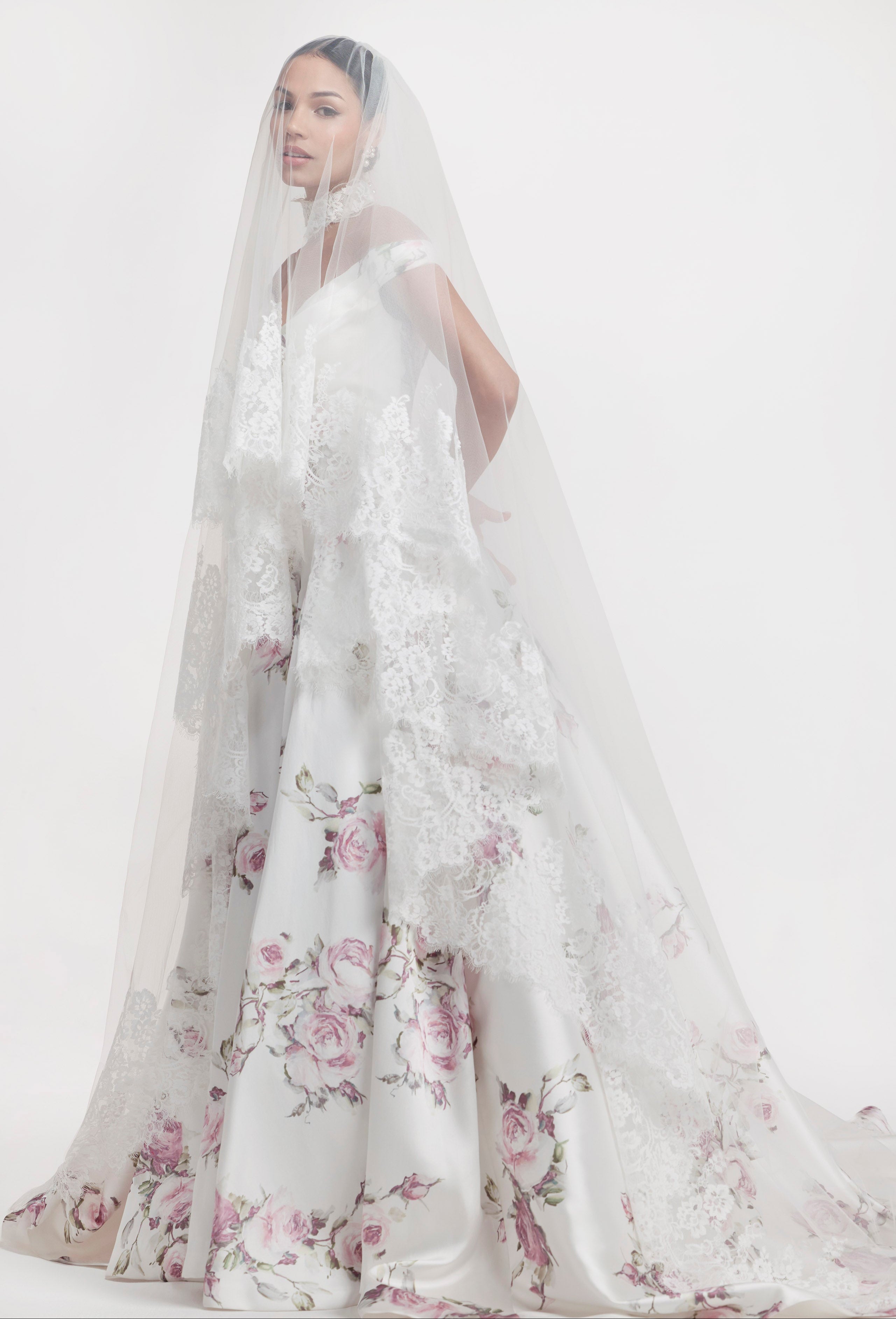 lux Italian silk Mikado swooped neckline, basque waist A-Line with a soft pink rose print