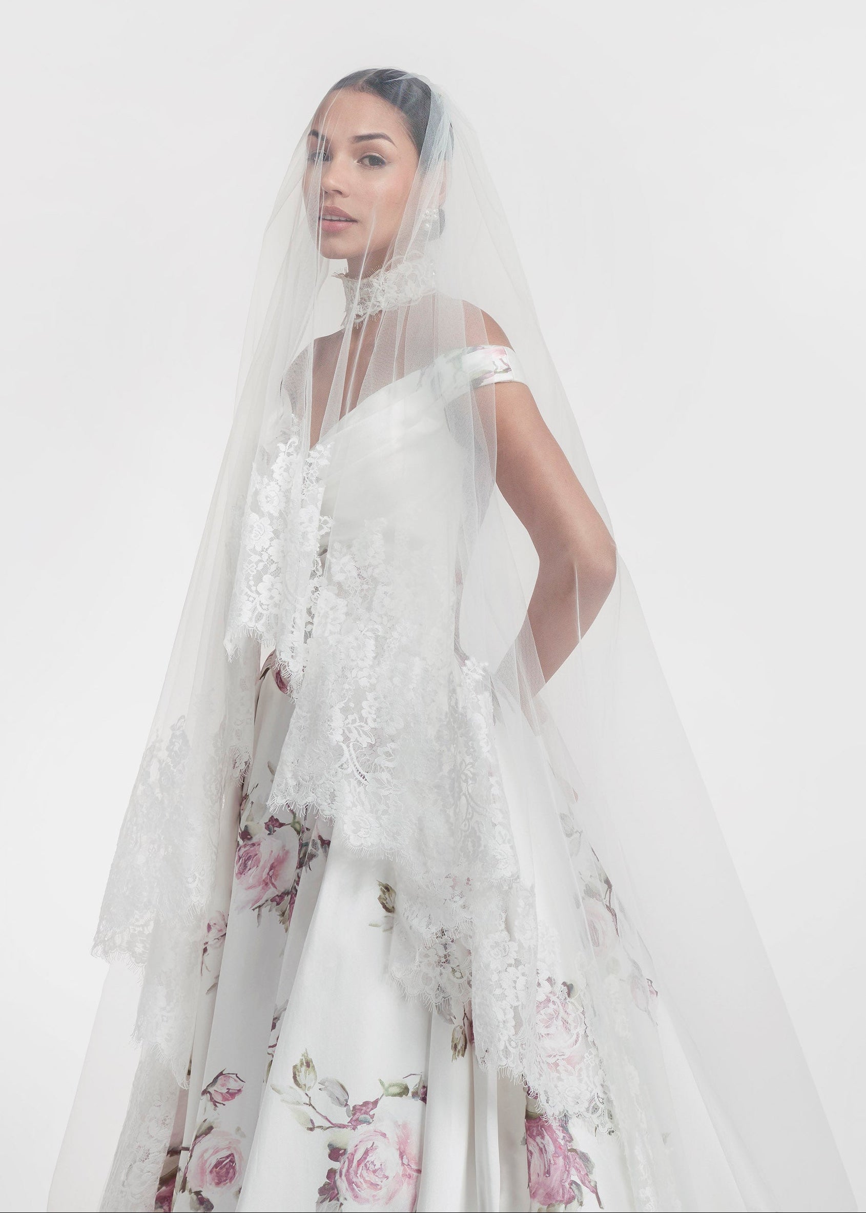 lux Italian silk Mikado swooped neckline, basque waist A-Line with a soft pink rose print