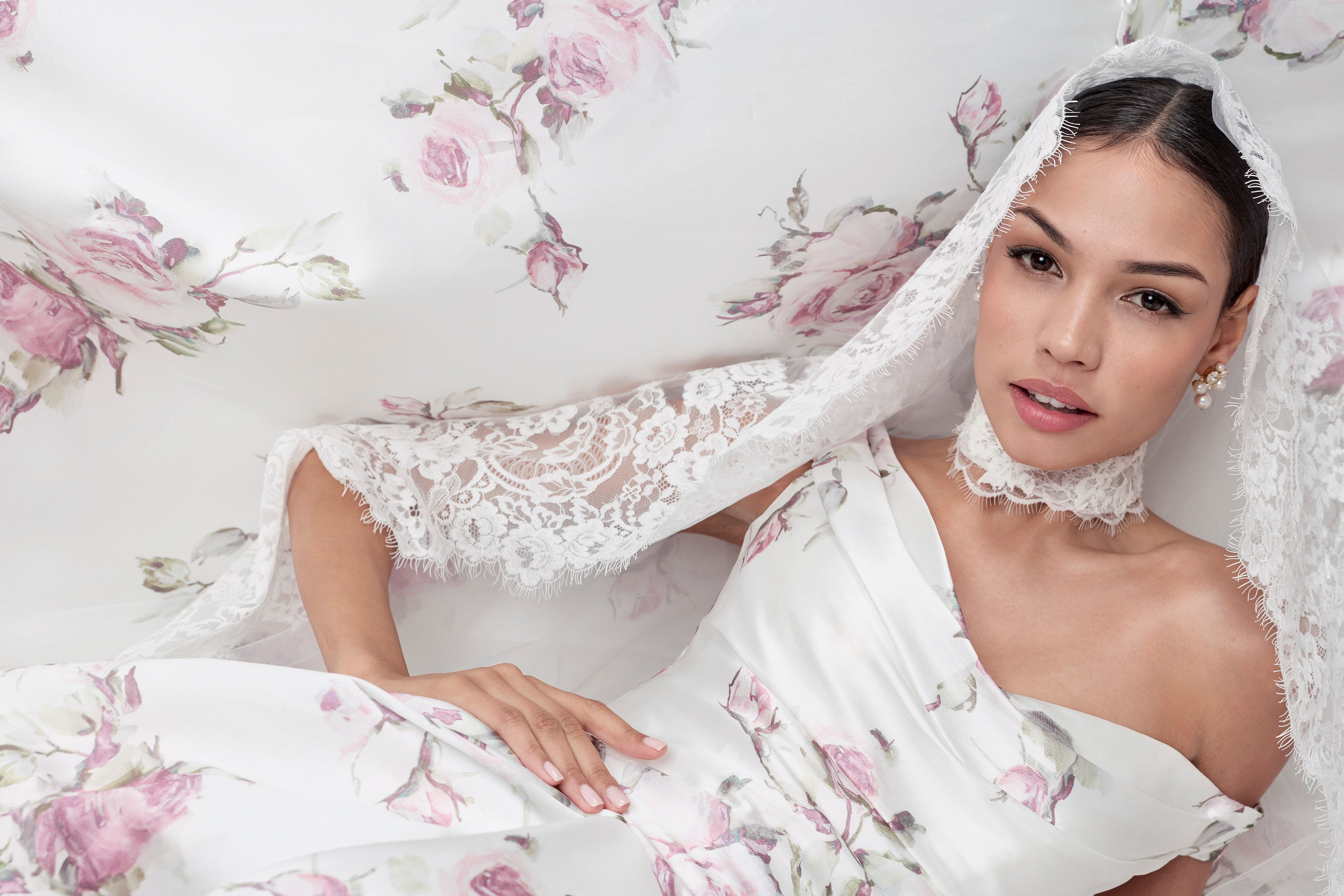lux Italian silk Mikado swooped neckline, basque waist A-Line with a soft pink rose print
