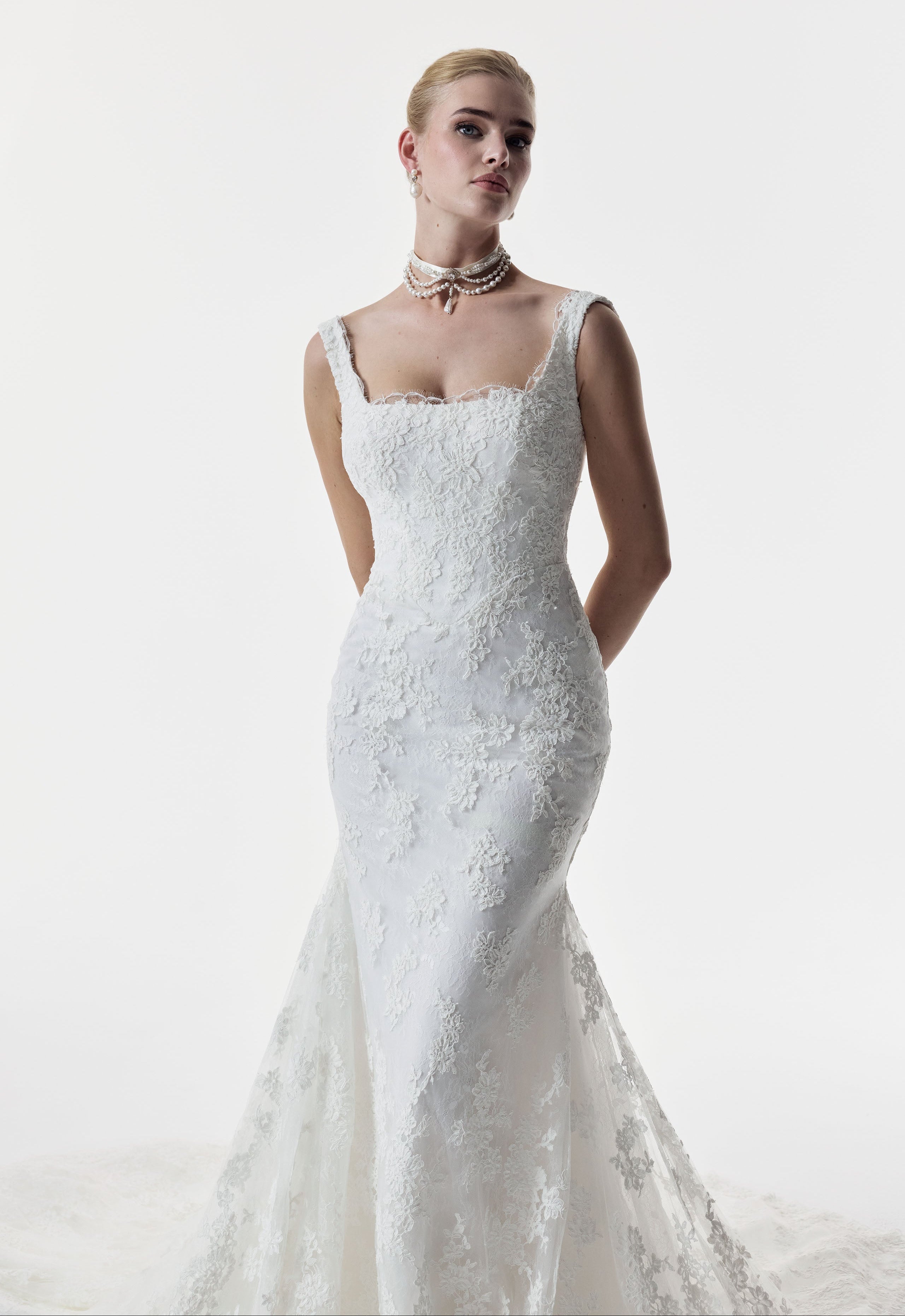 square neckline fitted sheath dress with corded lace layered over delicate Chantilly lace with choker