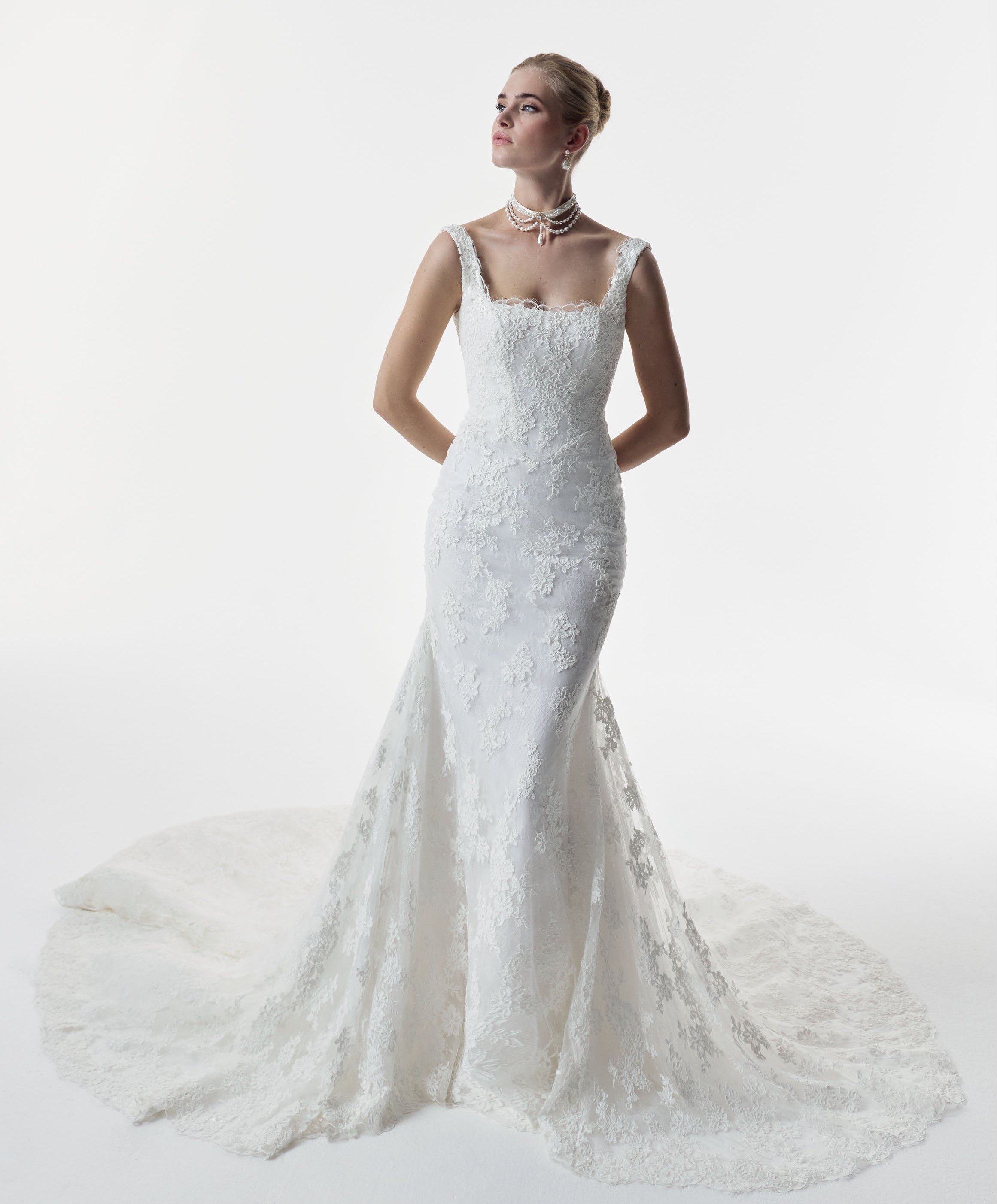 square neckline fitted sheath dress with corded lace layered over delicate Chantilly lace and choker